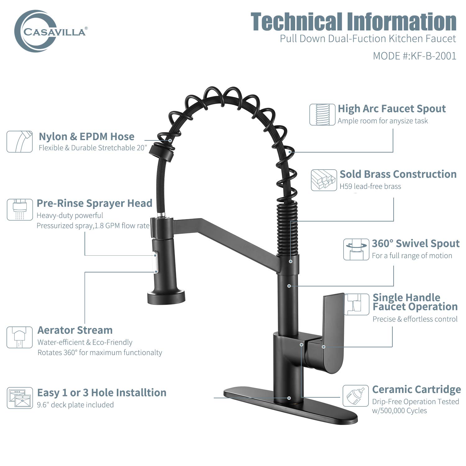 **Black Kitchen Faucet with Pull Down Sprayer - Single Handle Brass Sink Faucet with Deck Plate (KF-B-2001) - Perfect for Modern Kitchens & Easy Dishwashing**