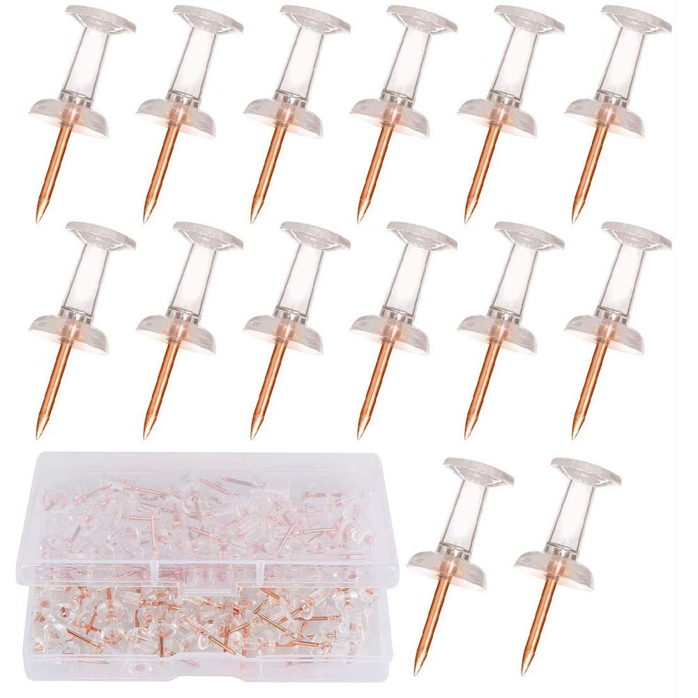 Rose Gold Push Pins - 100 Count Thumb Tacks with Transparent Plastic Head & Gold Steel Point for Hanging Pictures, Posters, Documents | Perfect for Bulletin Boards, Office, School, Home Decor & Map Marking