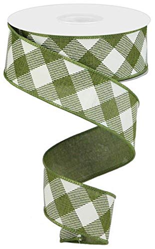 Craig Bachman Diagonal Plaid Check Wired Edge Ribbon - Moss Green & Ivory, 1.5