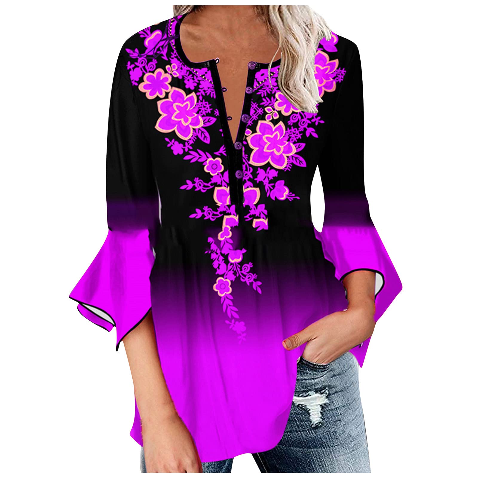 Women's Long Sleeve Cotton T-Shirt with Print & Buttons - Stylish Casual Blouse for Everyday Wear, Office Outfits & Fall Fashion