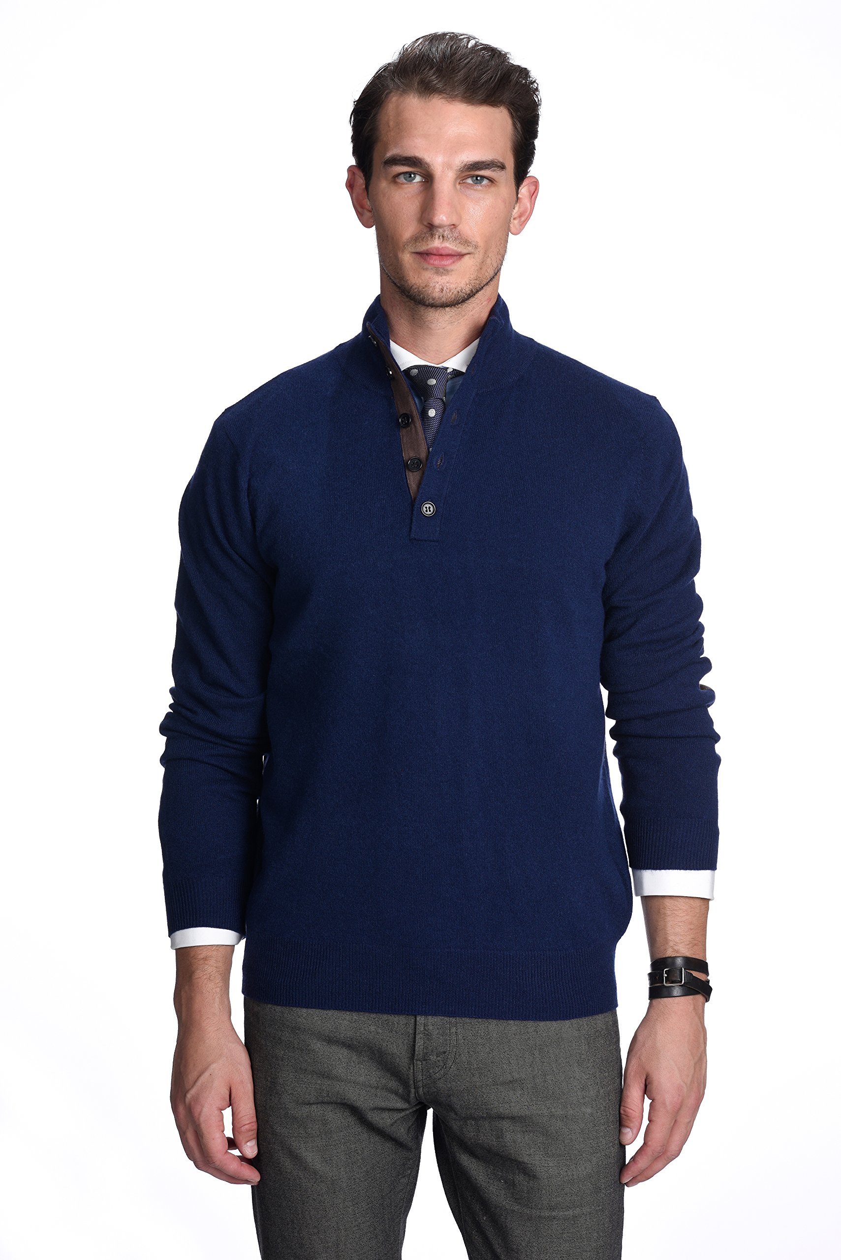 Premium 100% Pure Cashmere Men's Mock Neck Sweater - Soft Long Sleeve Button-Up Pullover for Business Casual & Winter Wear