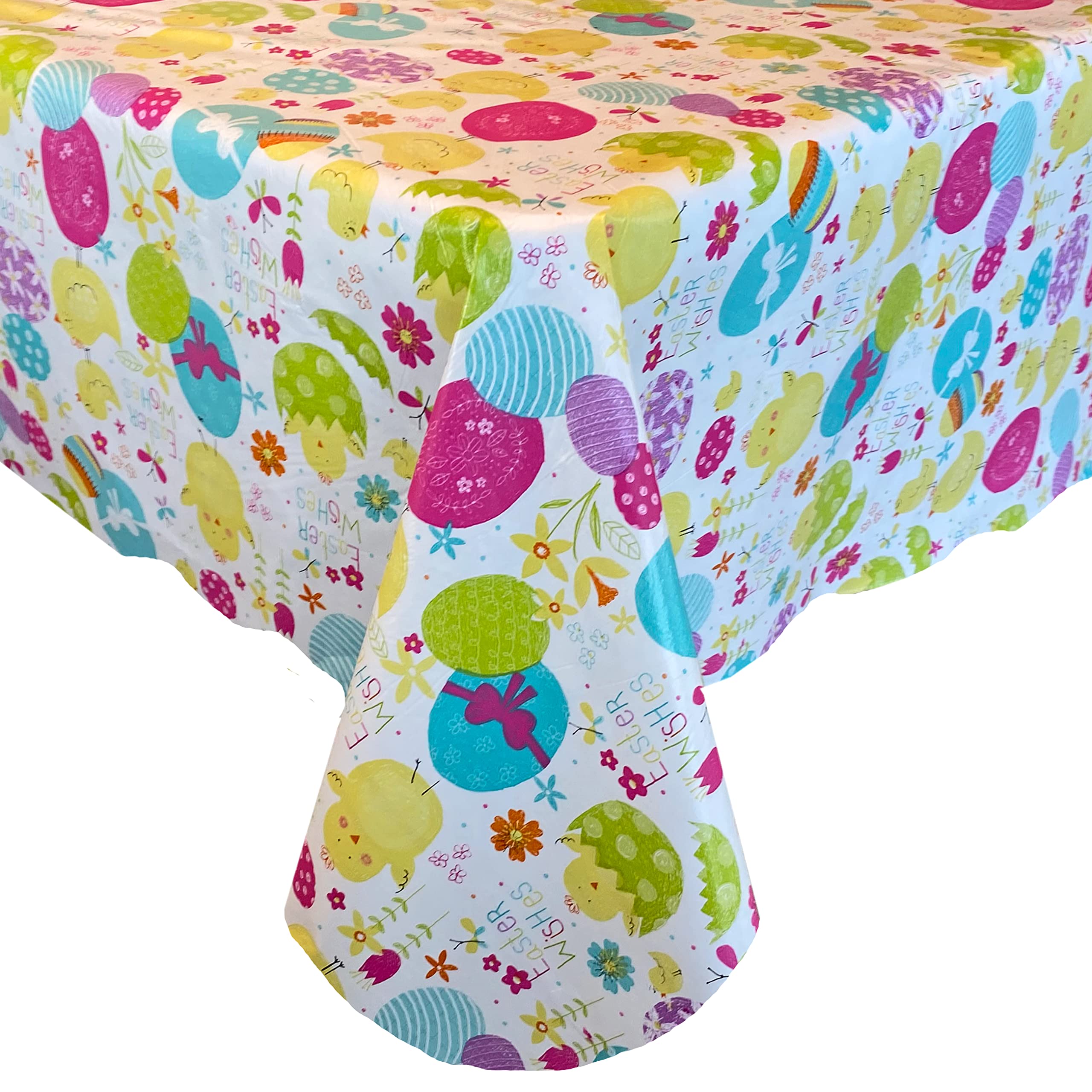 Easter Tablecloth 52x52 Inch - Colorful Vinyl Flannel Backed Table Cover with Whimsical Easter Eggs, Chicks & Floral Design - Waterproof & Easy Clean - Perfect for Easter Dinner, Spring Parties & Holiday Decorations
