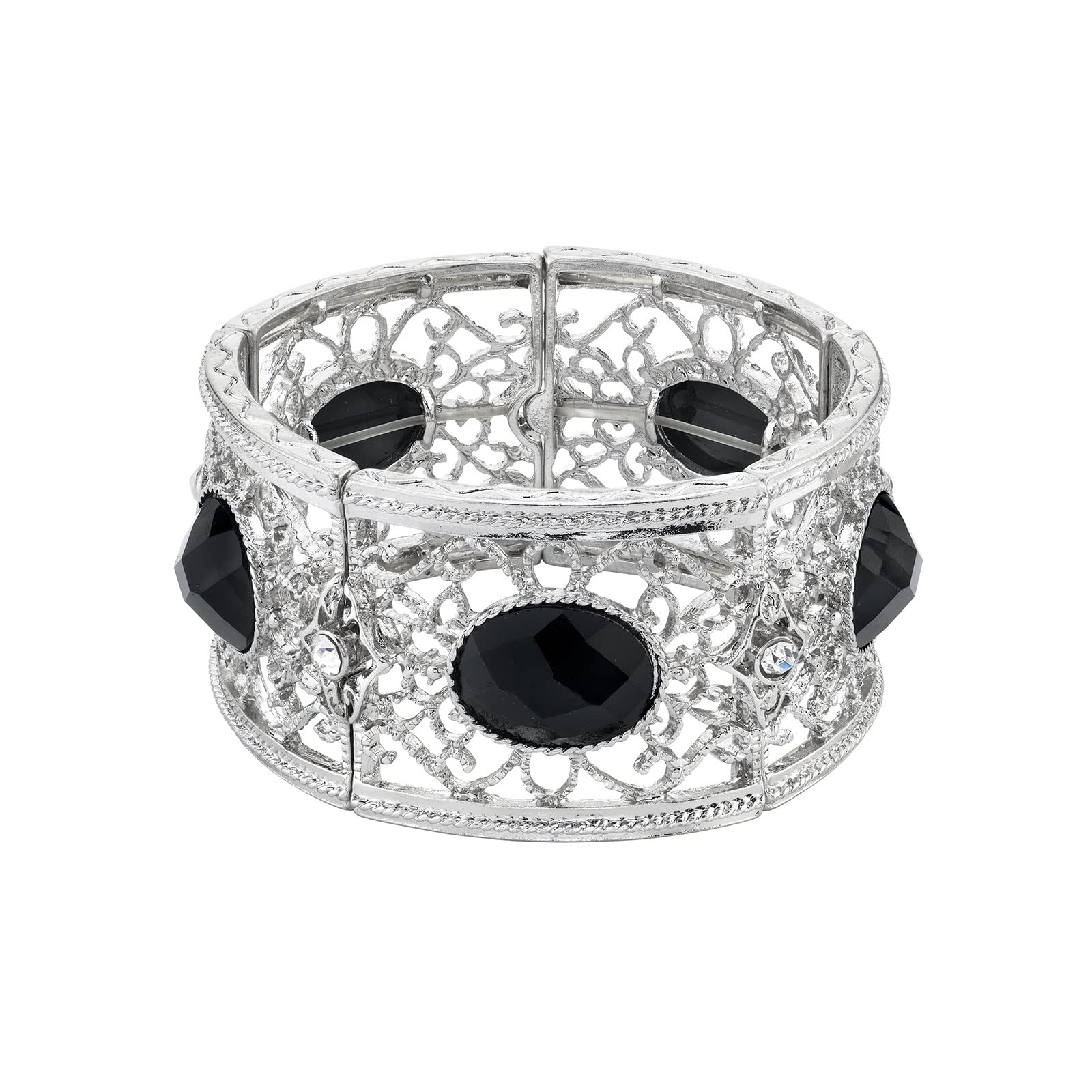 1928 Jewelry Faceted Oval Filigree Stretch Bracelet for Women's Fashion Accessories