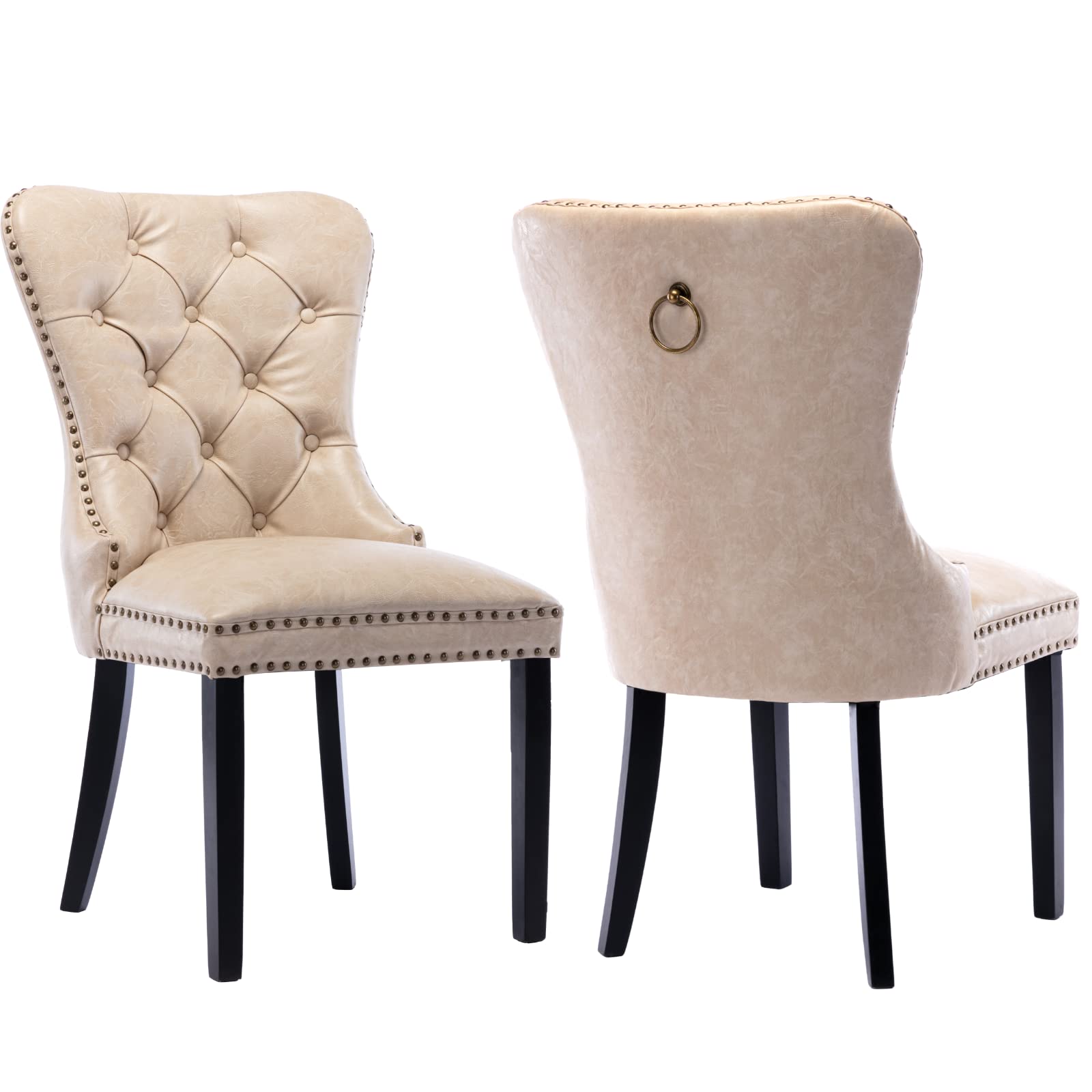 Premium PU Leather Dining Chairs Set of 2 - Modern Tufted Armless Side Chairs with Button & Nailhead Trim, Beige Home Decor for Dining Room, Kitchen, Breakfast Nook & Office