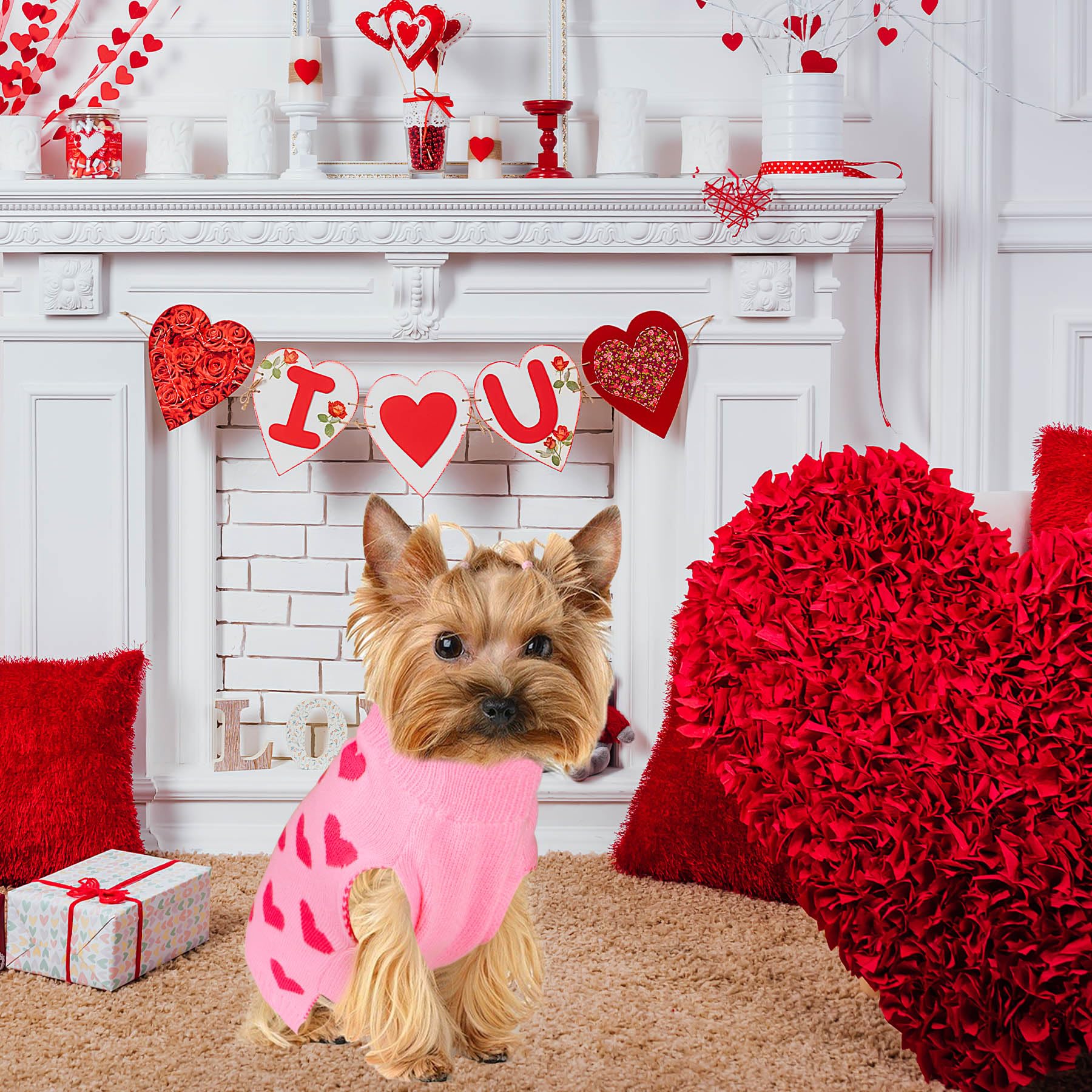 Valentine's Day Dog Sweater - Knitted Heart Dog Clothes for Small, Medium & Large Dogs - Cozy Pet Outfit for Winter & Valentine's Day (Pink, Large) - Perfect for Holiday Photos & Indoor/Outdoor Wear