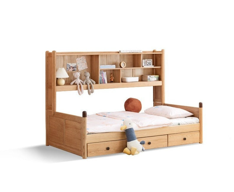 Solid Oak Wood Multi-Function Storage Bed - Queen Size Platform Bed with Underbed Drawers for Small Space Bedroom, Guest Room & Studio Apartments