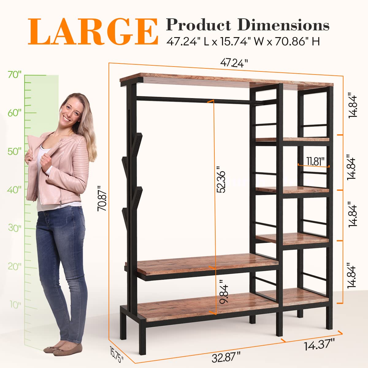 HOKEEPER 650lbs Heavy Duty Freestanding Clothing Rack with Shelves & Hooks - Metal Wardrobe Organizer for Closet Storage | Perfect for Bedroom, Laundry Room, and Commercial Use