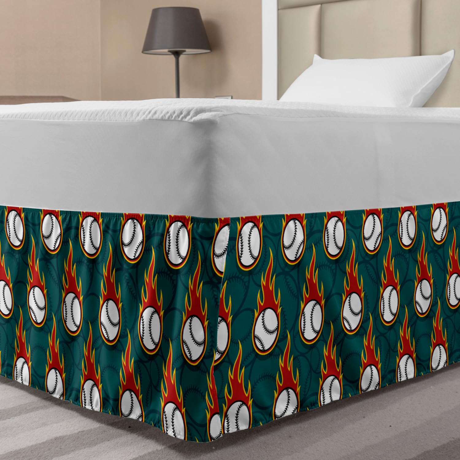 Lunarable Sports Bed Skirt - Baseball on Fire Print Elastic Dust Ruffle Wrap Around Bedskirt for Full Size Beds | Teal & Vermilion | American Sports Decor | Perfect for Baseball Fans' Bedroom & Game Room Decor