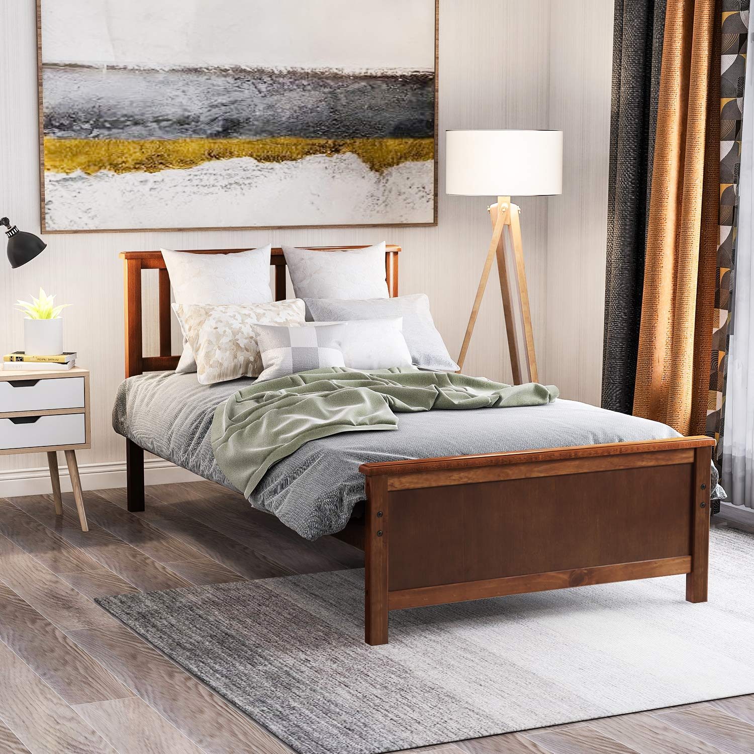 P PURLOVE Twin Size Wooden Platform Bed Frame with Headboard & Footboard - Solid Walnut Finish, Sturdy Wood Slat Support - Perfect for Kids Rooms, Guest Bedrooms & Small Spaces