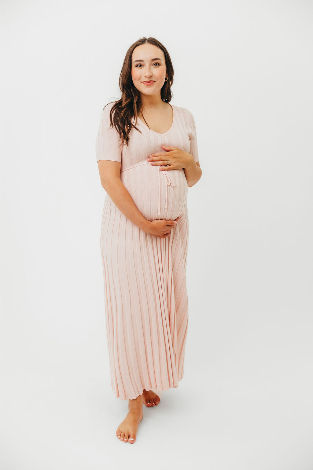 Oakley Ribbed Maxi Dress in Light Pink - Bump Friendly Maternity Dress for Women, Comfortable Stretchy Pregnancy Dress for Everyday Wear, Perfect for Baby Showers & Maternity Photos