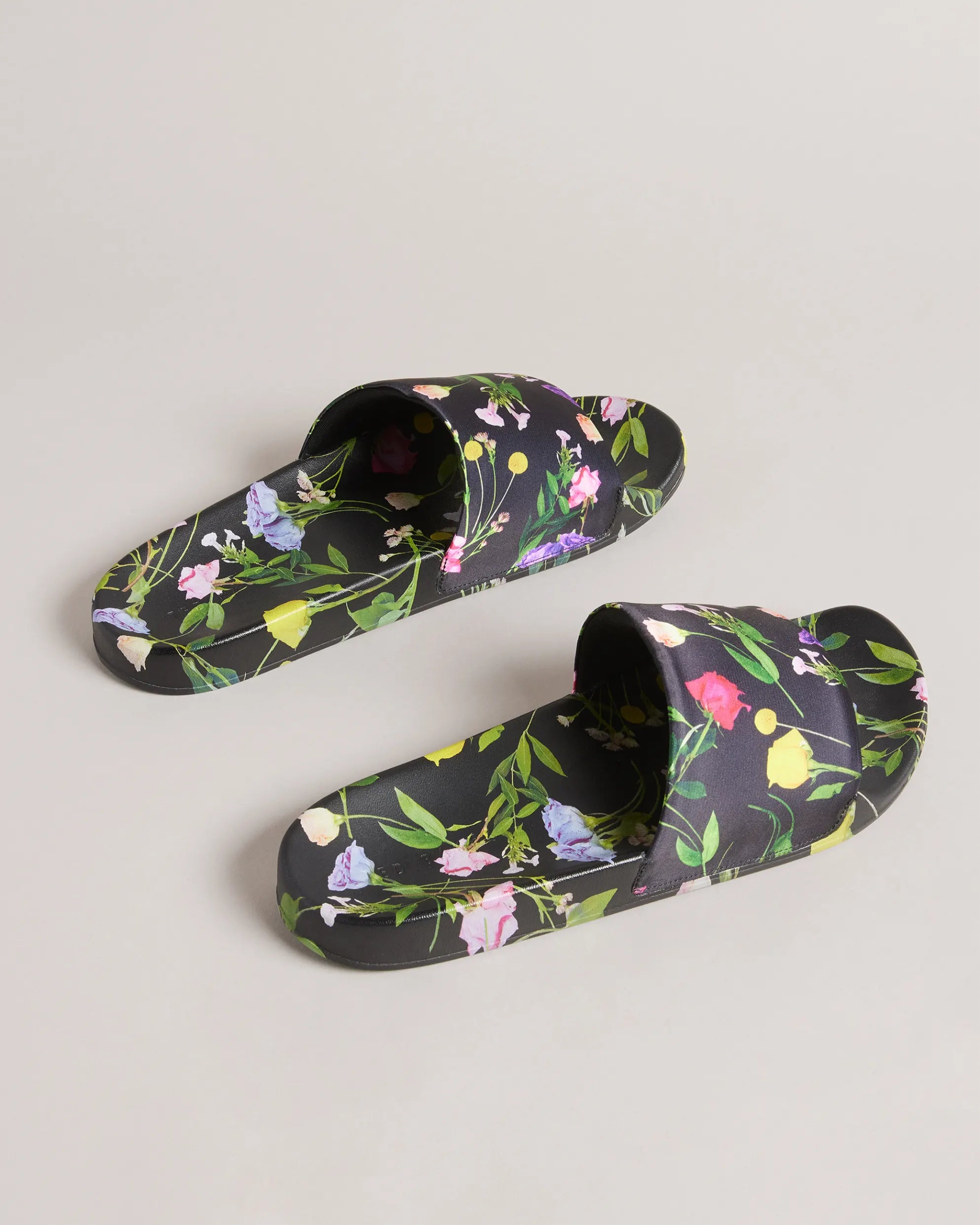 Azzi Floral Printed Satin Sliders for Women - Black Comfortable Slide Sandals for Summer, Beach, and Home Wear