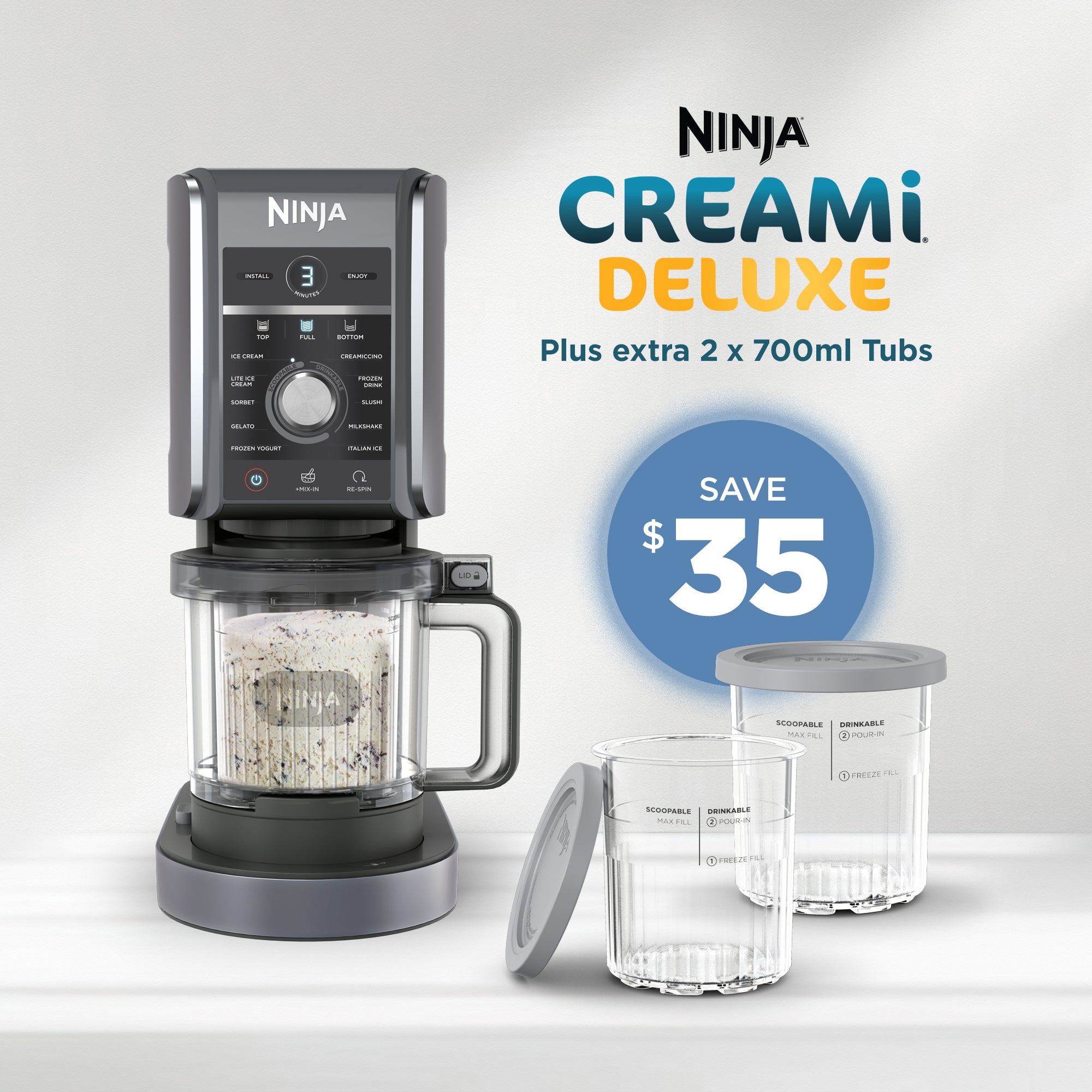 Ninja CREAMi Deluxe 11-in-1 Ice Cream Maker with 2 Extra 700ml Tubs - Make Homemade Gelato, Sorbet, Milkshakes & More - Perfect for Family Desserts & Summer Treats