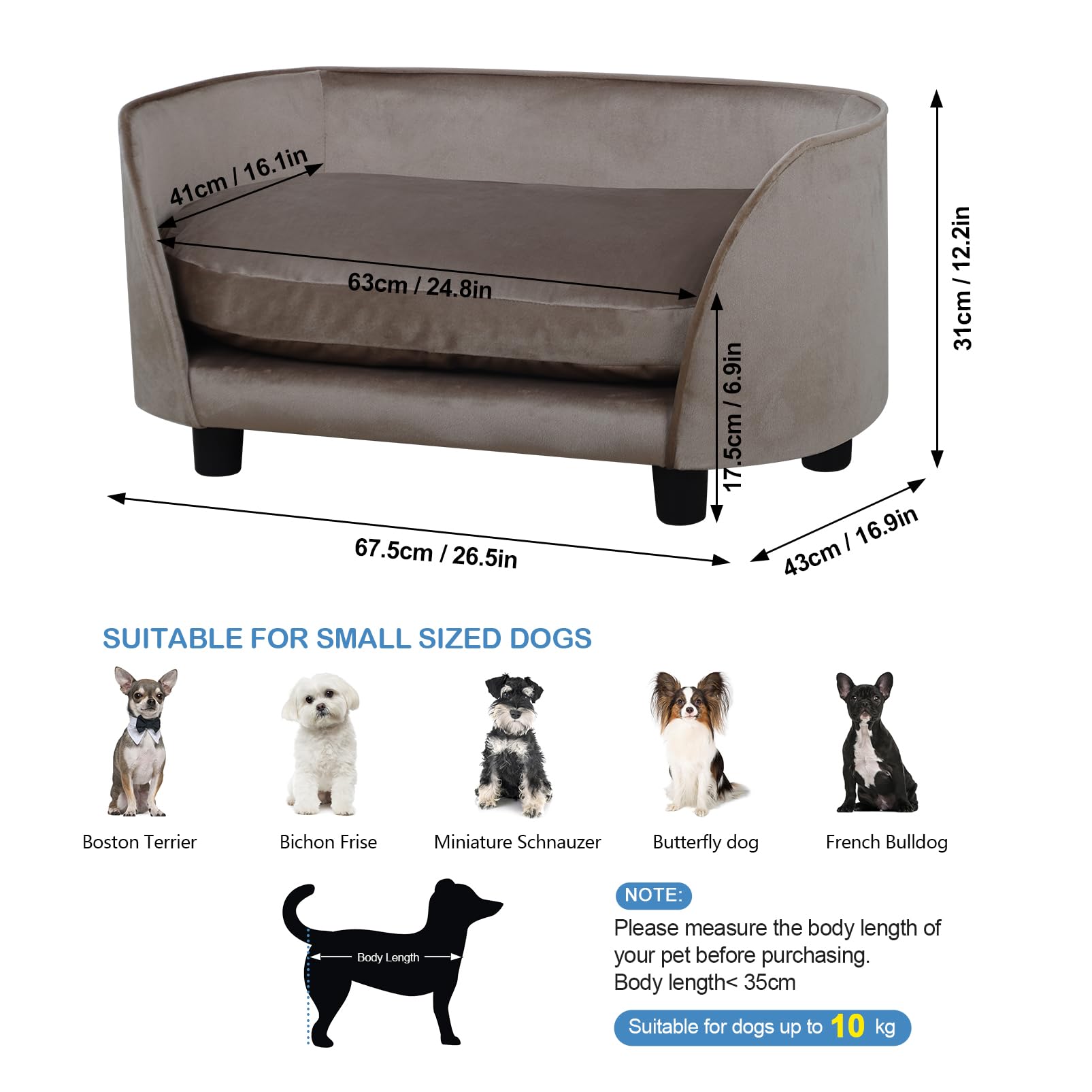 Premium Wooden Frame Velvet Pet Sofa Bed - Washable Cushion Comfy Cat & Small Dog Couch for Puppies - Cozy Pet Furniture for Living Room, Bedroom & Home Decor (Brown)
