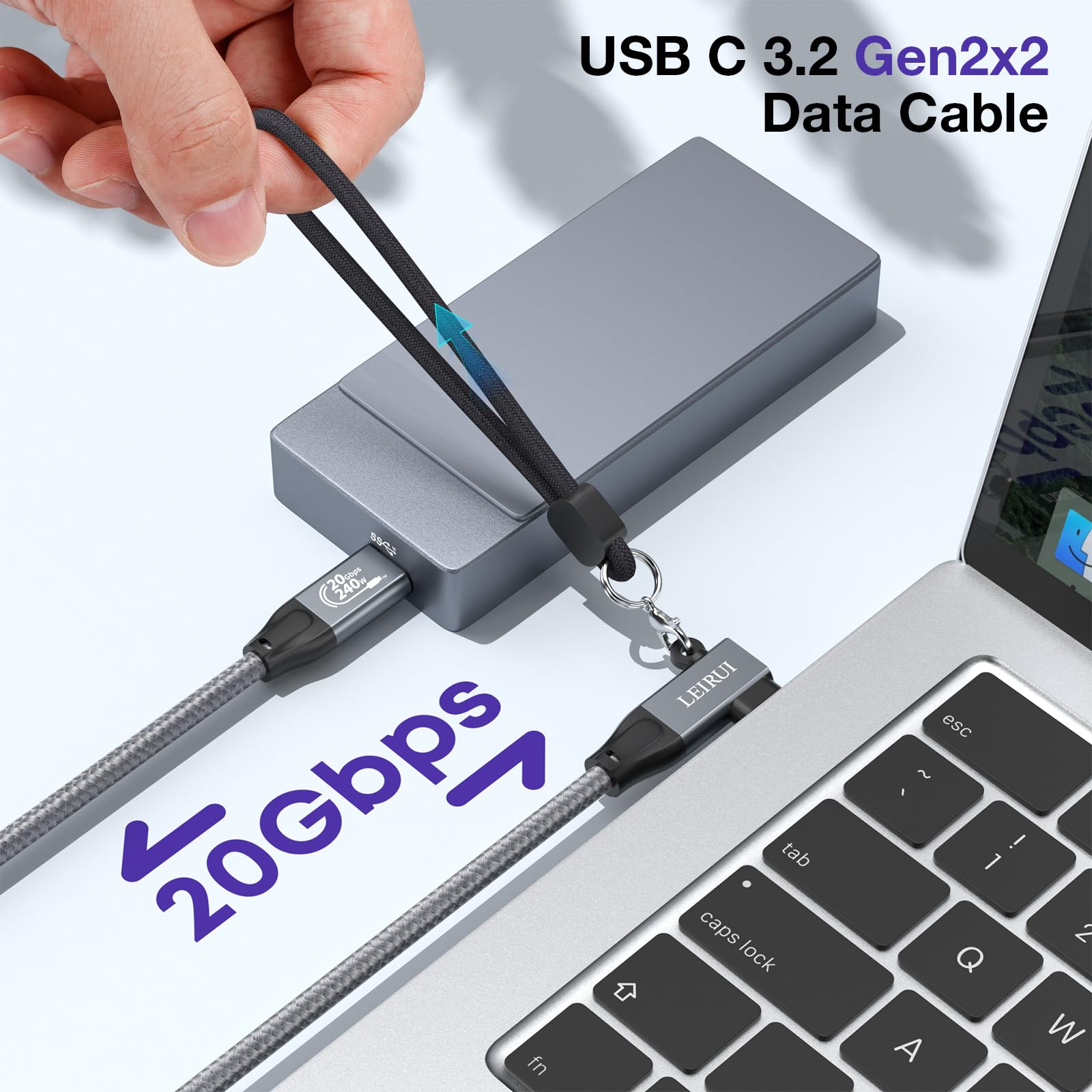 90 Degree USB C to USB C Cable 10FT - 20Gbps High-Speed Data Transfer, 4K@144Hz/60Hz Video, 240W Fast Charging - USB 3.2 Gen 2x2 Right Angle Monitor Cable for iPhone 15, Samsung Galaxy, MacBook, iPad Pro - Perfect for Gaming, Home Office & Travel Charging