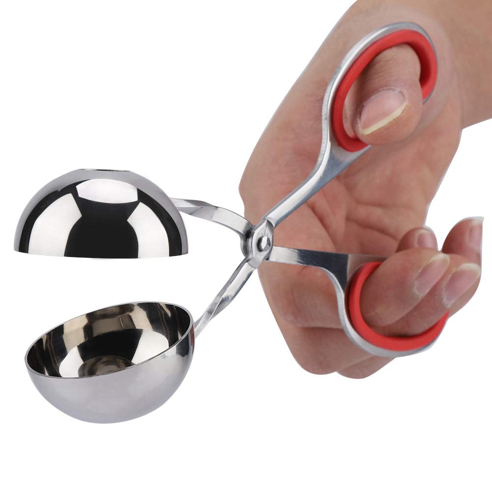 Non-Stick Stainless Steel Meatball Scoop & Ice Tongs - Rice Ball Maker, Cookie Scoop with Anti-Slip Rubber Handle (Red) - Perfect for Cooking, Baking, and Serving Meatballs, Ice Cubes, Cookies