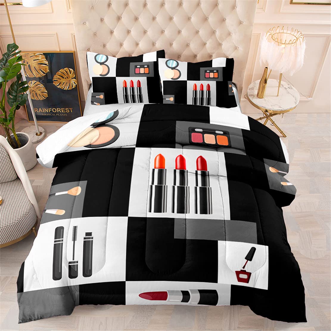 EDUMEYA Modern Girls Comforter Set - 3 Piece Queen Size Black & White Duvet Cover with 1 Comforter & 2 Pillowcases | Makeup Theme Bedding Featuring Lipstick, Nail Polish & Brush Designs | Perfect for Teen Girls' Rooms, Dorm Decor & Gift Ideas