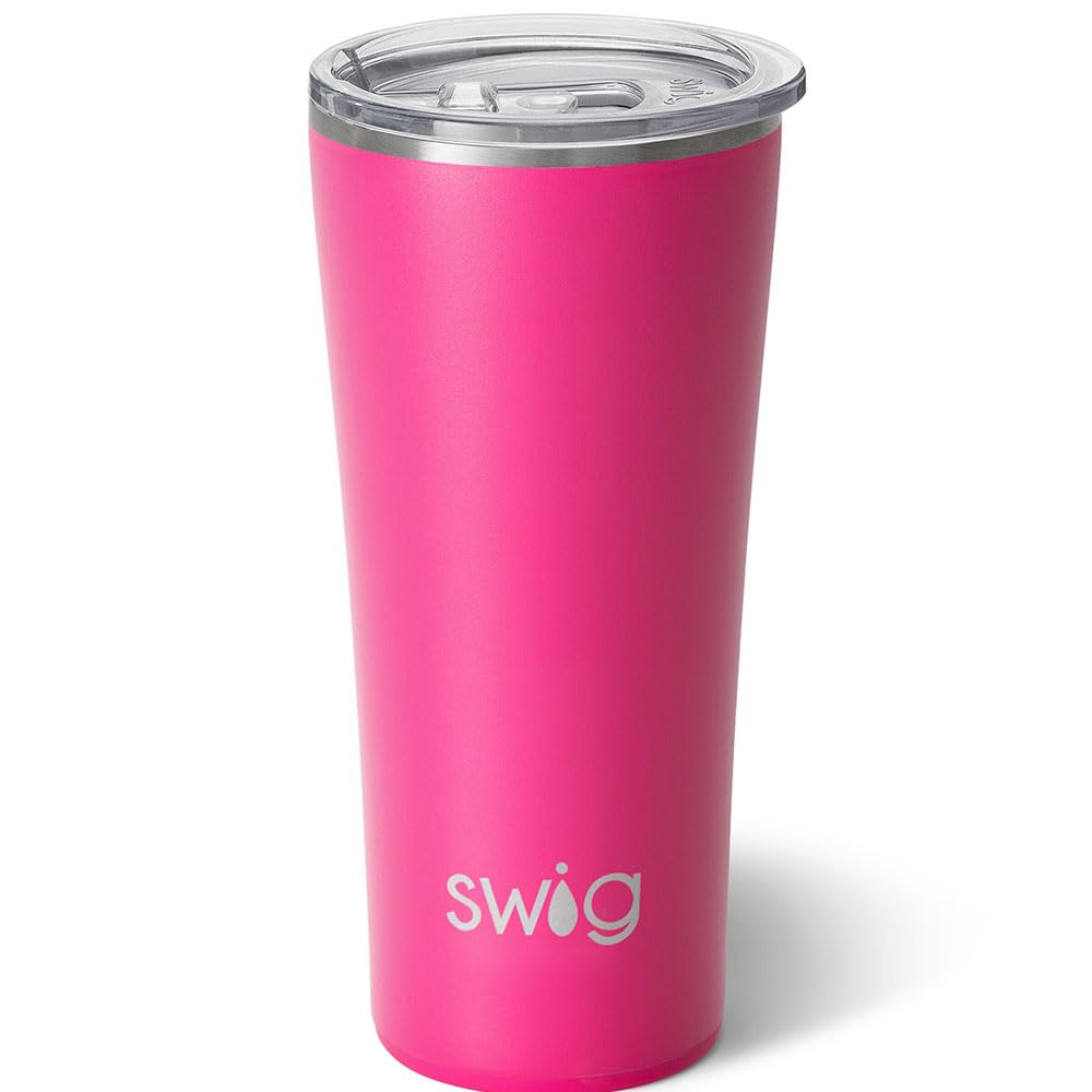 Swig Life 22oz Insulated Stainless Steel Tumbler - Leak Proof Travel Coffee Mug with Lid & Handle, Cup Holder Friendly, Keeps Drinks Hot/Cold for Hours - Perfect for Commuting, Office, Camping & Outdoor Activities (Hot Pink)
