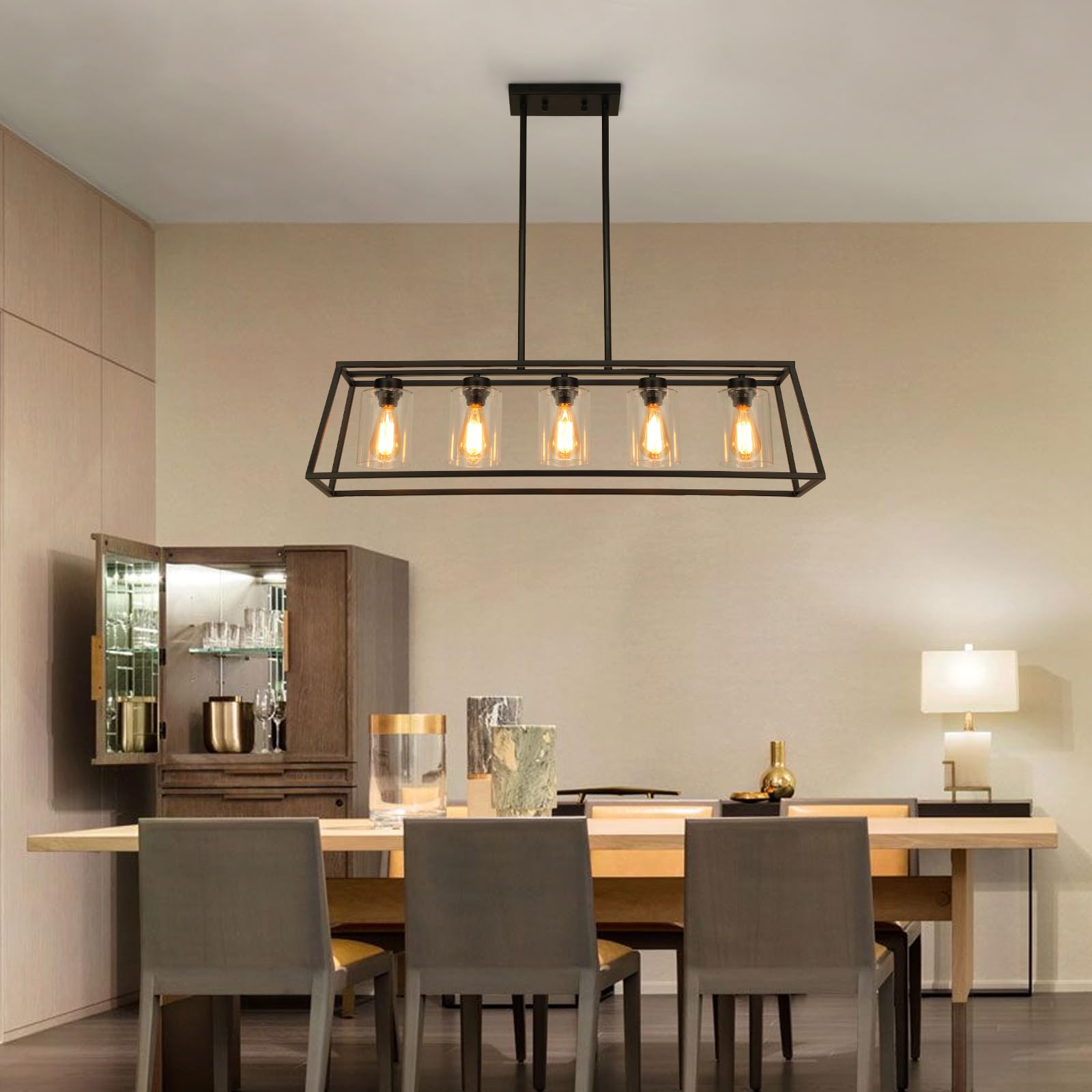 5-Light Black Farmhouse Chandelier for Kitchen Island & Dining Room - Rectangle Pendant Lighting with Clear Glass Cylinders - Perfect for Kitchen Counter, Breakfast Nook & Farmhouse Dining Areas
