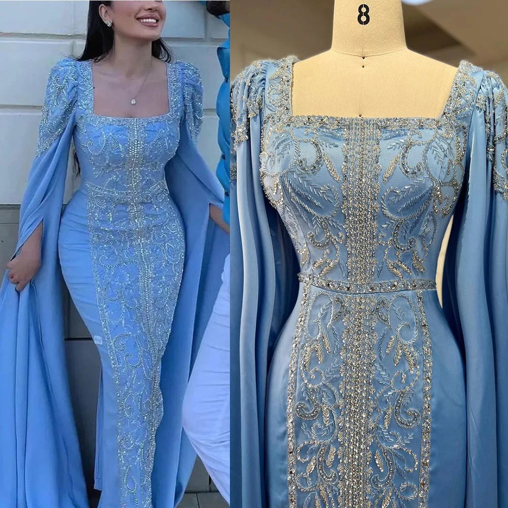 Elegant Blue Mermaid Evening Gown with Cape Sleeves for Muslim Women - LA72050 | Perfect for Weddings, Parties & Special Occasions