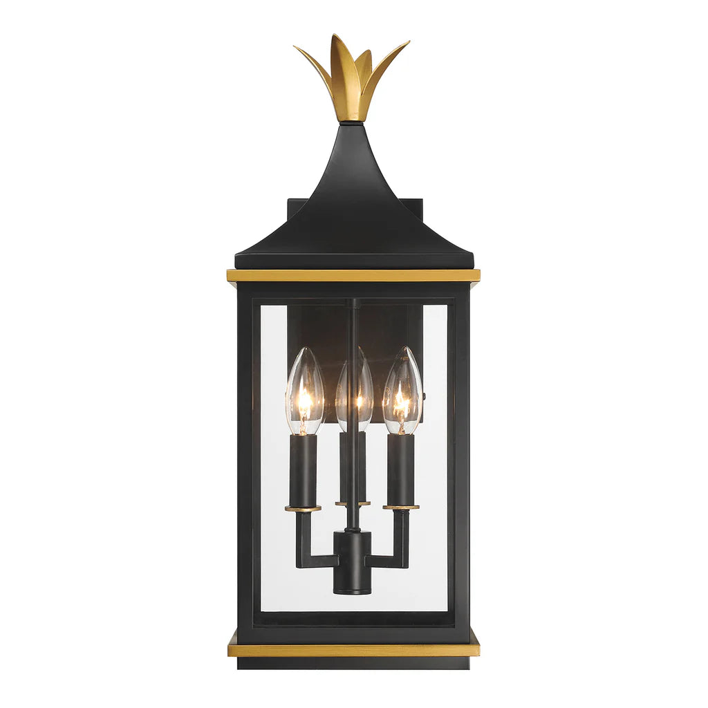 Simpson 3-Light Outdoor Wall Sconce - 8.25x19.75 Inch Matte Black Stainless Steel with Textured Gold Finish & Glass Shade - 120V E12 Candelabra Base LED Bulb Compatible - Perfect for Patio Lighting, Garden Decor, and Exterior Wall Illumination