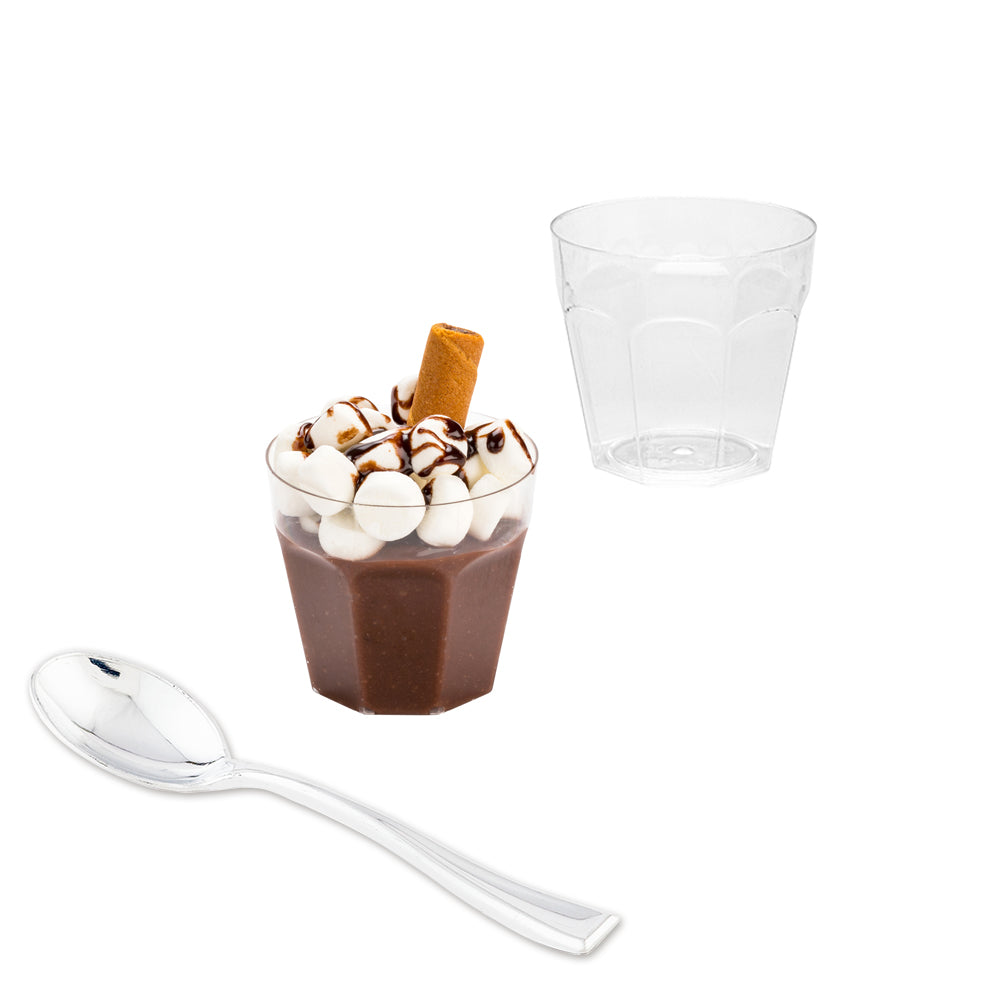 100 Pack 5 oz Clear Plastic Mini Pilsner Beer Tasting Cups with 100 Silver Plastic Mini Spoons - Perfect for Cocktail Parties, Beer Tastings, and Wedding Receptions