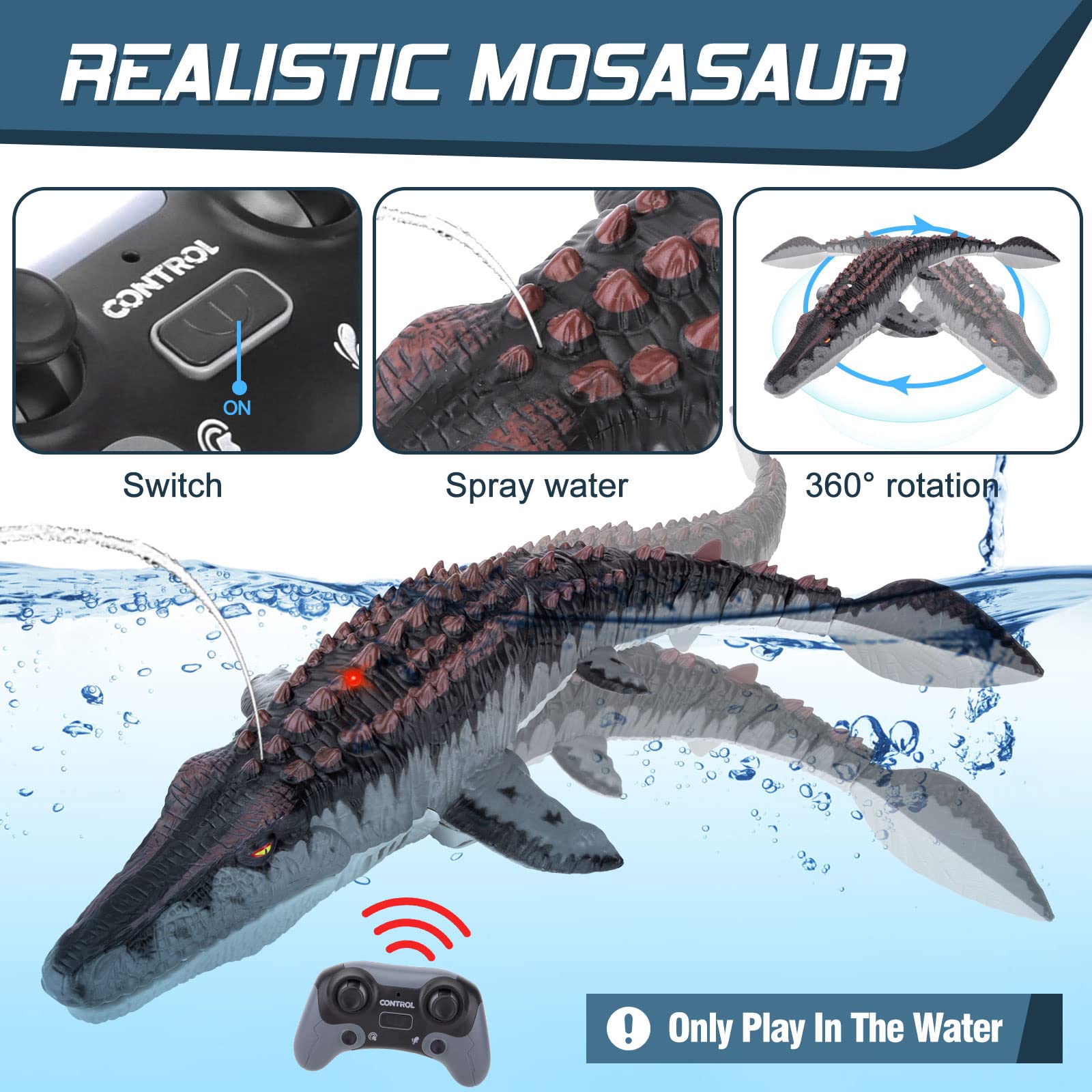 2023 Remote Control Mosasaur Dinosaur Toy - RC Swimming Shark Toy for Kids Ages 3+, Waterproof Pool & Bath Toy, Perfect Christmas Birthday Gift for Boys & Girls - Fun Outdoor Water Play & Educational STEM Toy