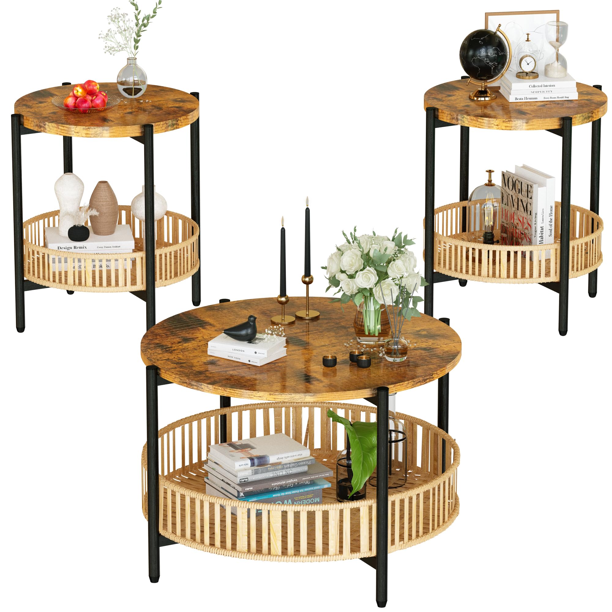 Lamerge 3-Piece Boho Coffee Table Set with Rattan Storage Shelf & Metal Frame - Round Coffee Table & 2 Side Tables for Living Room, Apartment, Home Office - Perfect for Small Spaces, Cozy Gatherings & Modern Decor