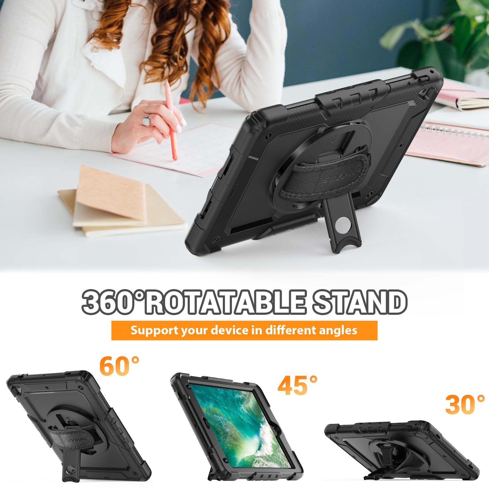 SEYMAC Shockproof Protective Case for iPad Air 2/5th/6th Gen & iPad Pro 9.7 Inch - 360° Rotating Stand with Hand/Shoulder Strap & Screen Protector (Black) | Perfect for Work, Travel & Home Use