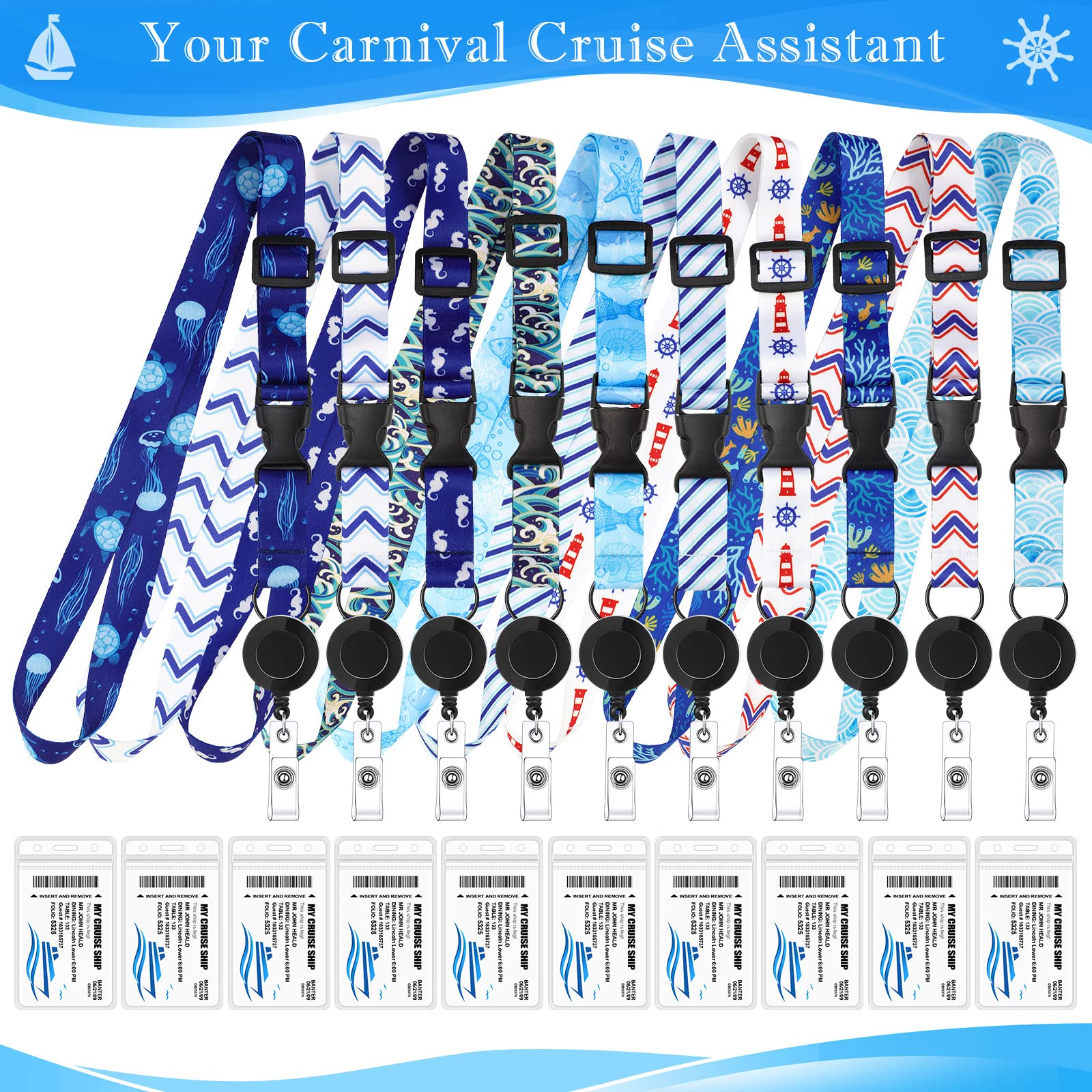 Retractable Cruise Lanyards with ID Holder & Badge Clip for Ship Cards | 10-Pack for Carnival Cruises