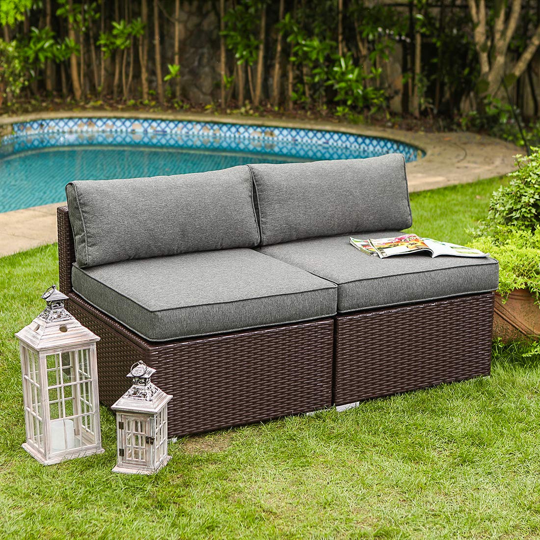 2-Piece Armless Wicker Chairs Add-on for Chocolate Brown Sectional Sofa Set with Dark Grey Thick Cushions - Outdoor Patio Furniture for Garden, Poolside, Backyard & Deck Relaxation