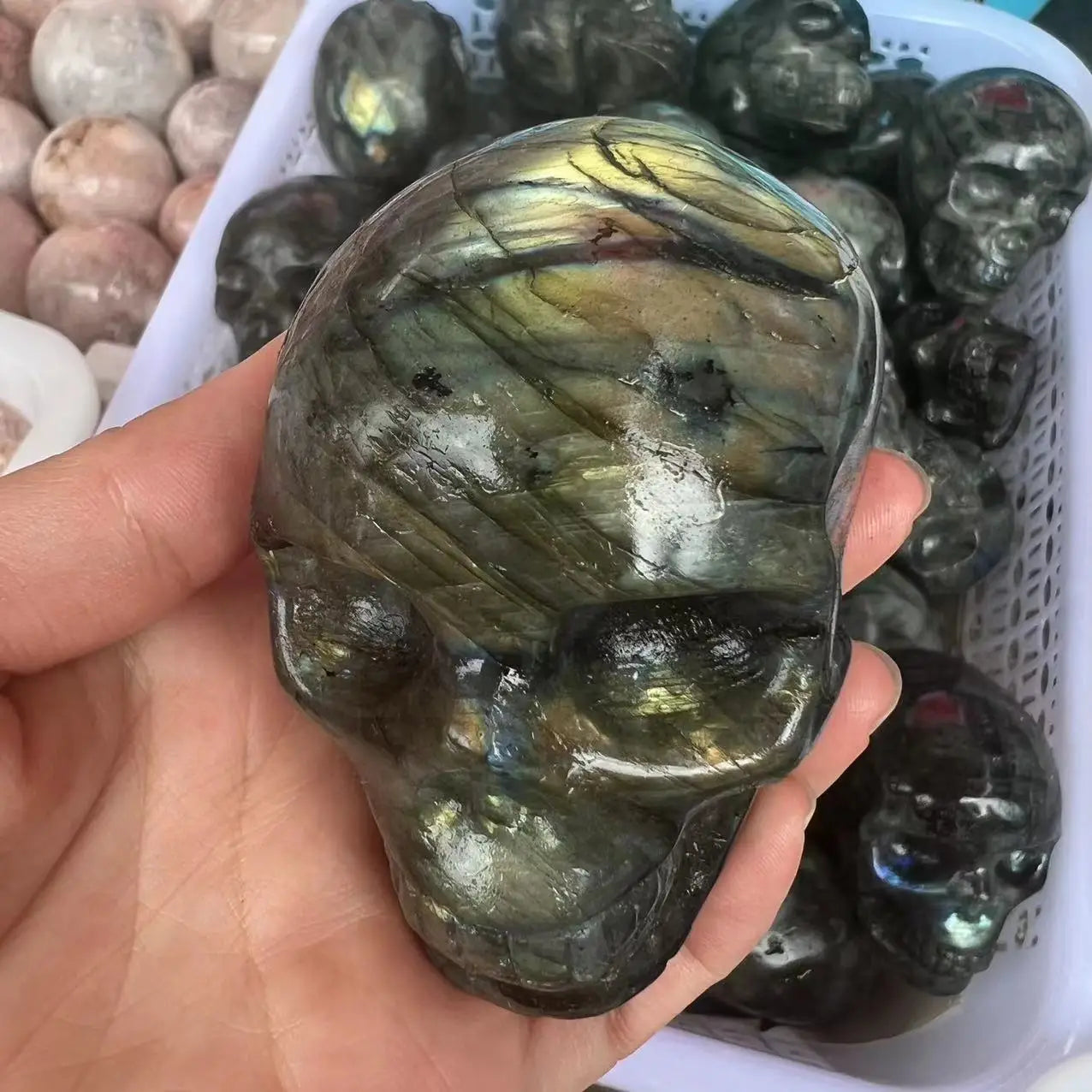 400-500g Natural Labradorite Quartz Skull - Hand Carved Healing Crystal for Meditation, Reiki, and Spiritual Energy Work - Perfect for Home Decor, Yoga Spaces, and Crystal Collections