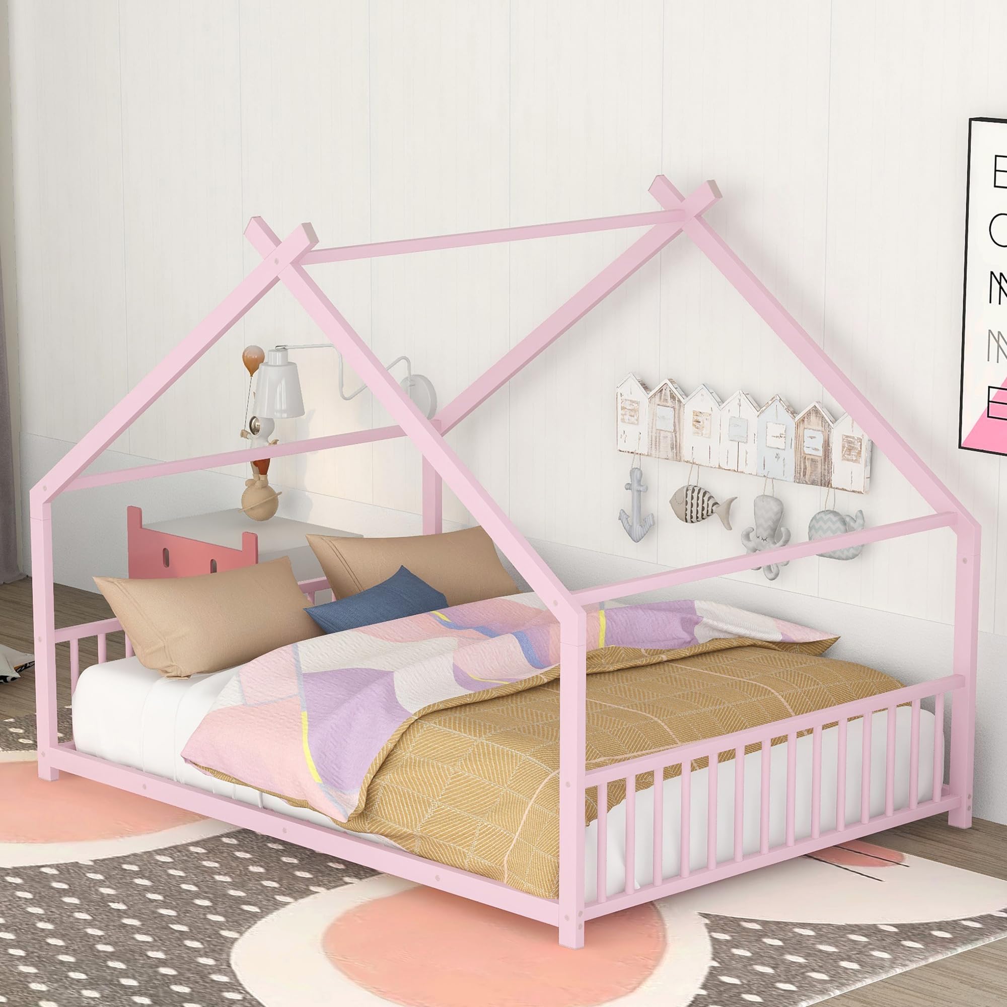 Montessori Full Size Floor Bed Frame with Headboard & Slats - Kids House Bed for Boys & Girls (Pink) | Safe Toddler Bedroom Furniture for Montessori Learning & Play Areas