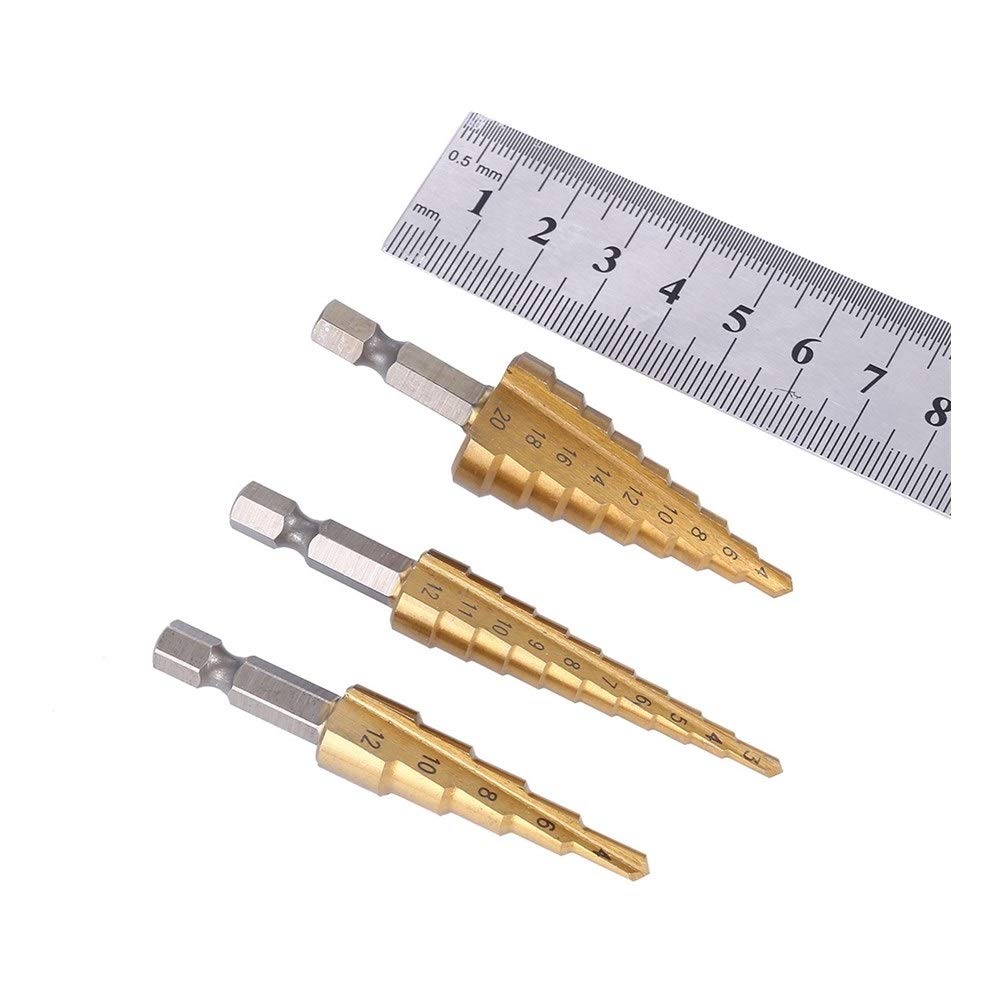 HSS Titanium-Coated Step Drill Bit Set (4-12mm, 4-20mm, 4-32mm) - High Speed Steel Cone Drill for Metal, Wood & Plastic - Hexagon Shank Power Tool for DIY, Carpentry & Metalworking Projects
