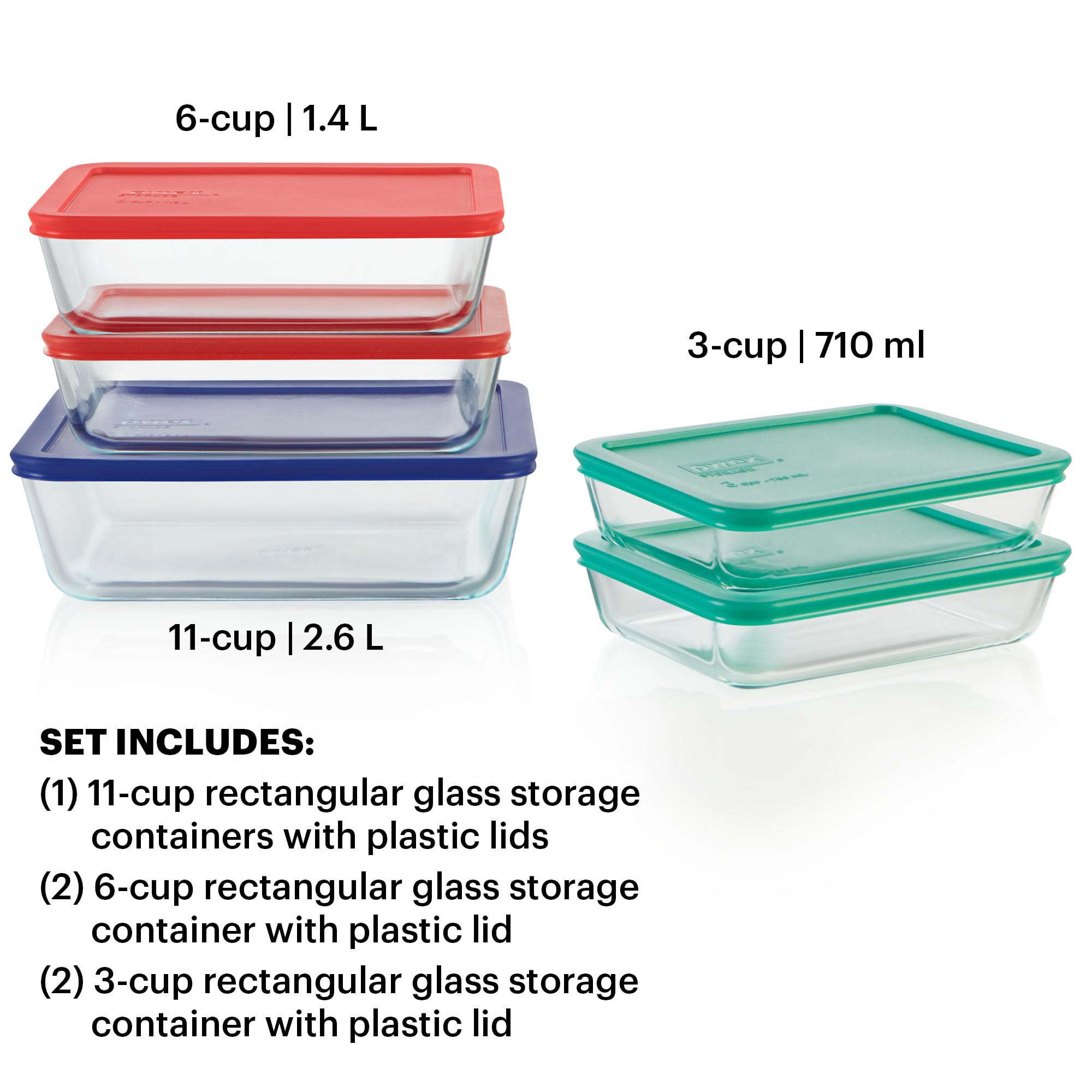 Pyrex Simply Store 5-Pack Glass Food Storage Containers with Lids - 3, 6 & 11-Cup Mixed Sizes, BPA-Free, Microwave & Dishwasher Safe - Perfect for Meal Prep, Leftovers, and Pantry Organization