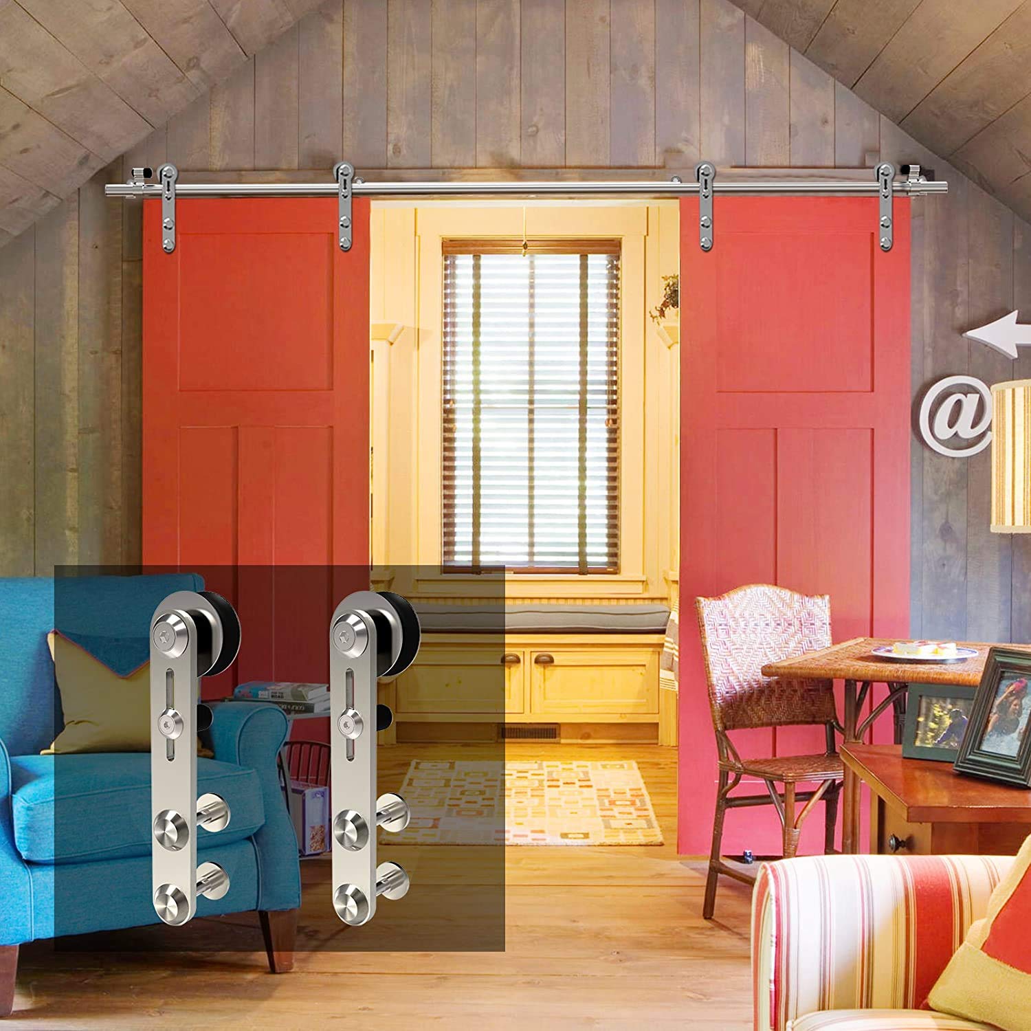 12.6FT Heavy Duty Stainless Steel Sliding Double Barn Door Hardware Track Kit - Easy Installation with Round Hangers for Rustic Home & Office Decor