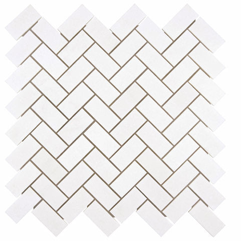 Premium White Thassos Marble 1x2 Herringbone Mosaic Tile - Elegant Bathroom & Kitchen Backsplash, Shower Wall, and Flooring Design