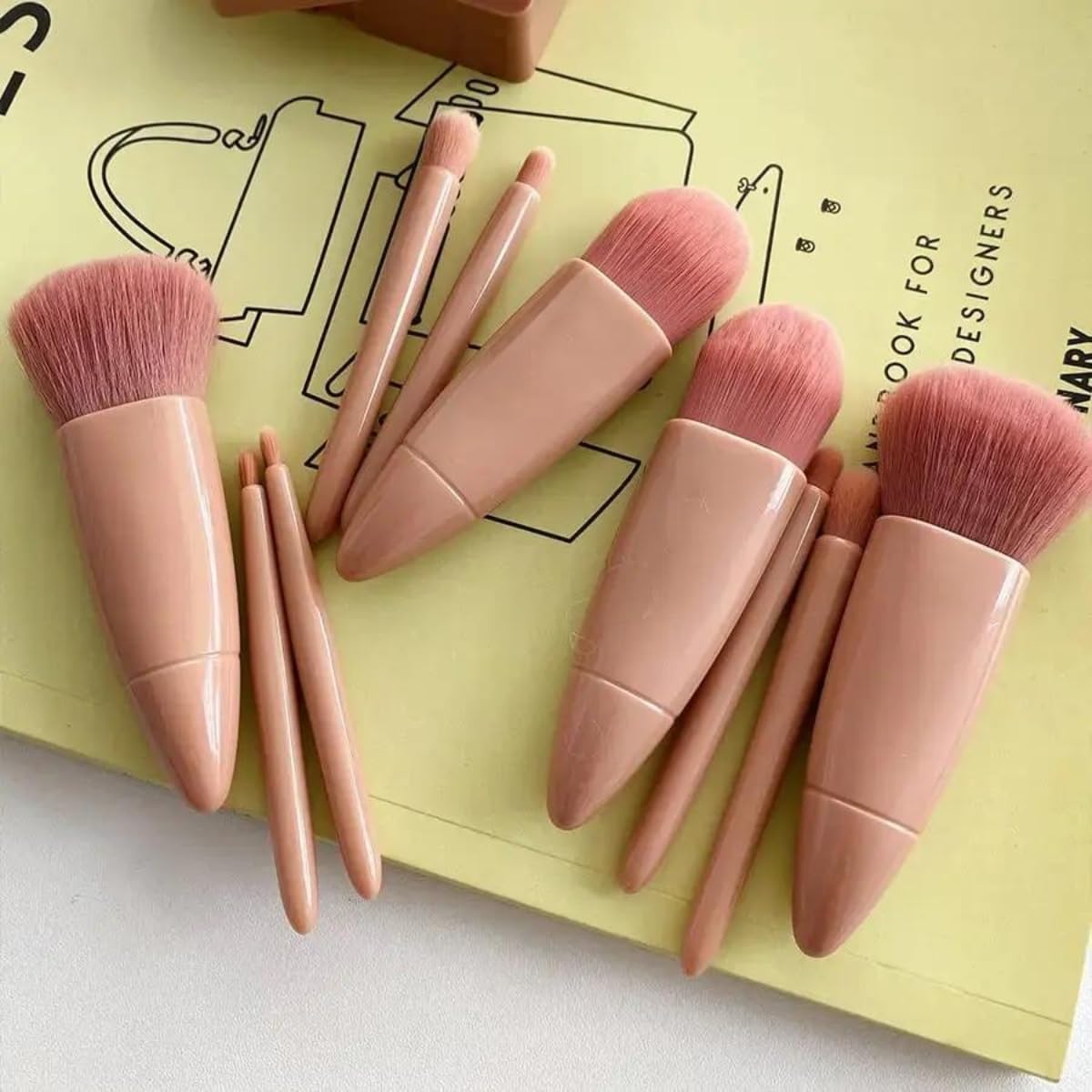 Cavernshop Professional 5-in-1 Mini Makeup Brush Set with Mirror - Face, Eyeshadow, Powder & Blush Cosmetic Kit | Travel-Friendly Makeup Brushes for Women & Girls | Perfect for On-the-Go Touchups & Professional Makeup Application