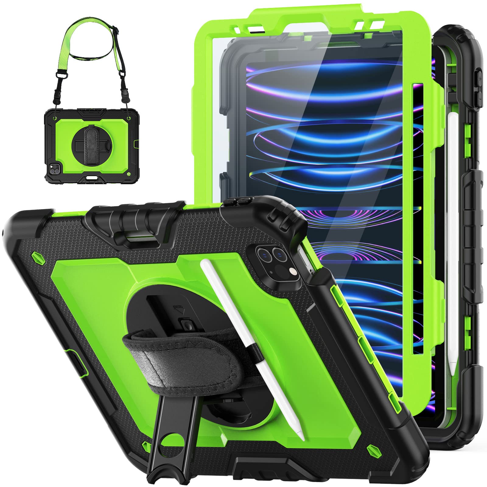 HXCASEAC iPad Pro 11 Inch Case (2022/2021/2020/2018 Models) - 3-Layer Protective Cover with Built-in Screen Protector, 360° Rotating Hand Strap Stand & Apple Pencil Holder - Compatible with 4th/3rd/2nd/1st Gen iPad Pro 11 - Green - Perfect for Kids, Students & Travel Use