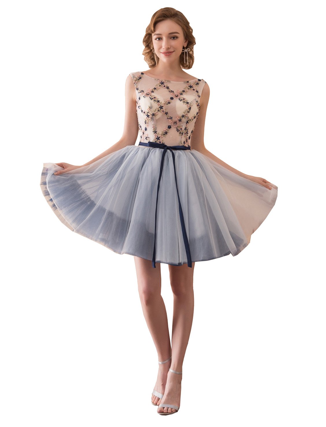 Elegant Women's Scoop Neck Embroidery Beaded Lace-up Tulle Homecoming Dress for Prom, Party & Special Occasions