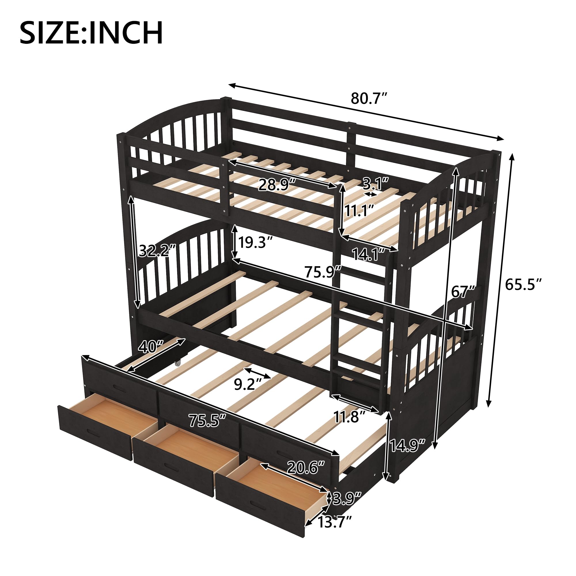 P PURLOVE Twin Over Twin Bunk Bed with Trundle & Storage Drawers - Solid Wood Detachable Bunk Bed Converts to 2 Twin Daybeds - Space Saving Kids Bedroom Furniture for Small Rooms, Guest Rooms & Vacation Homes