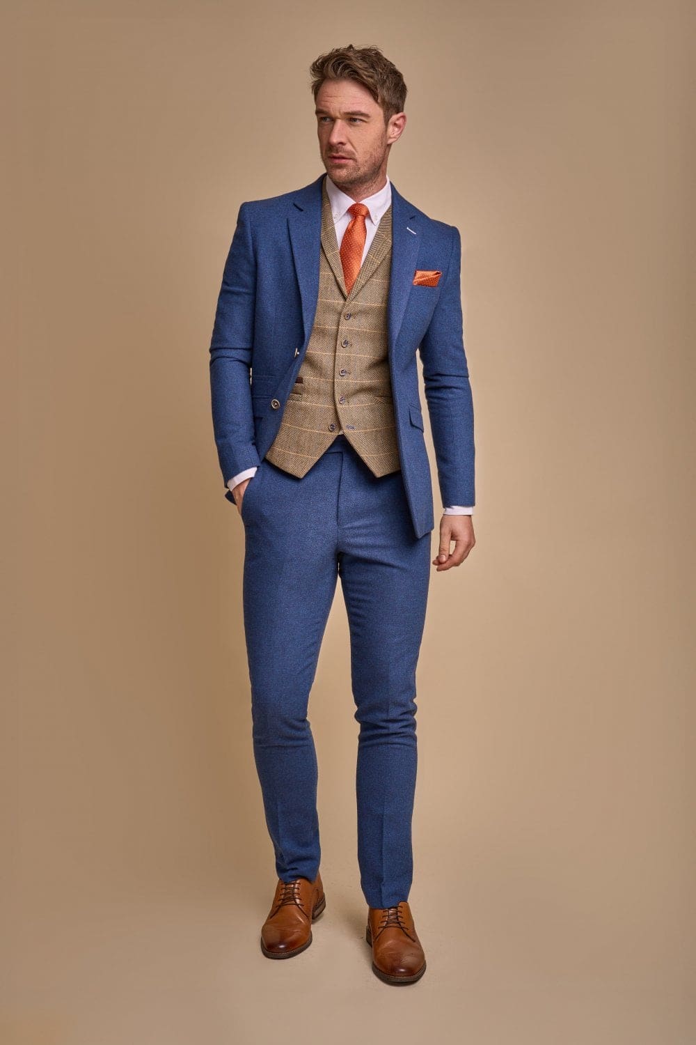 Stylish Cavani Orson Blue Suit with Albert Brown Waistcoat for Men | Premium Wedding, Business & Formal Occasion Outfit