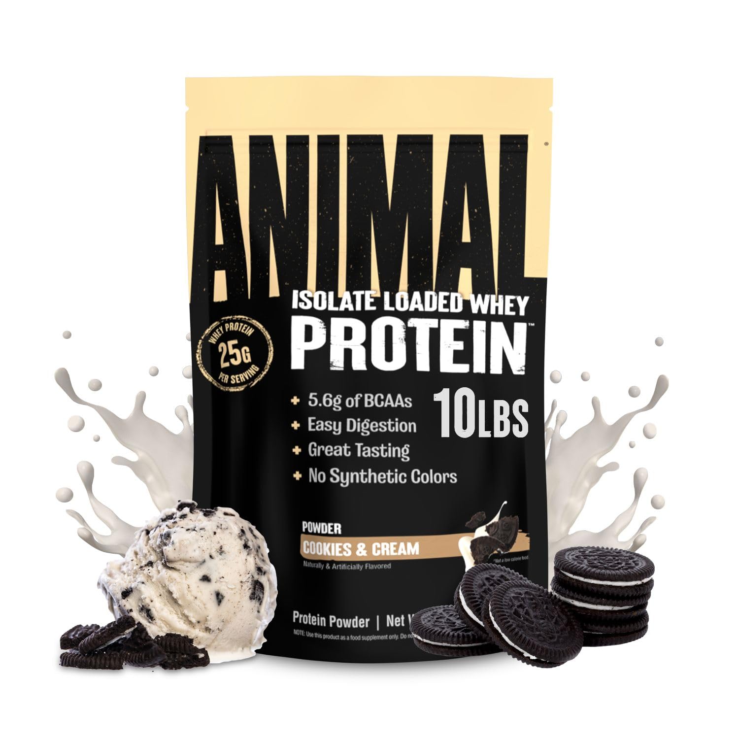 Animal Whey Isolate Protein Powder - 25g Protein for Muscle Building & Recovery | Pre & Post Workout Supplement with Digestive Enzymes | Low Sugar, Great Taste (Cookies & Cream, 10 lbs) - Ideal for Gym, Fitness & Active Lifestyle