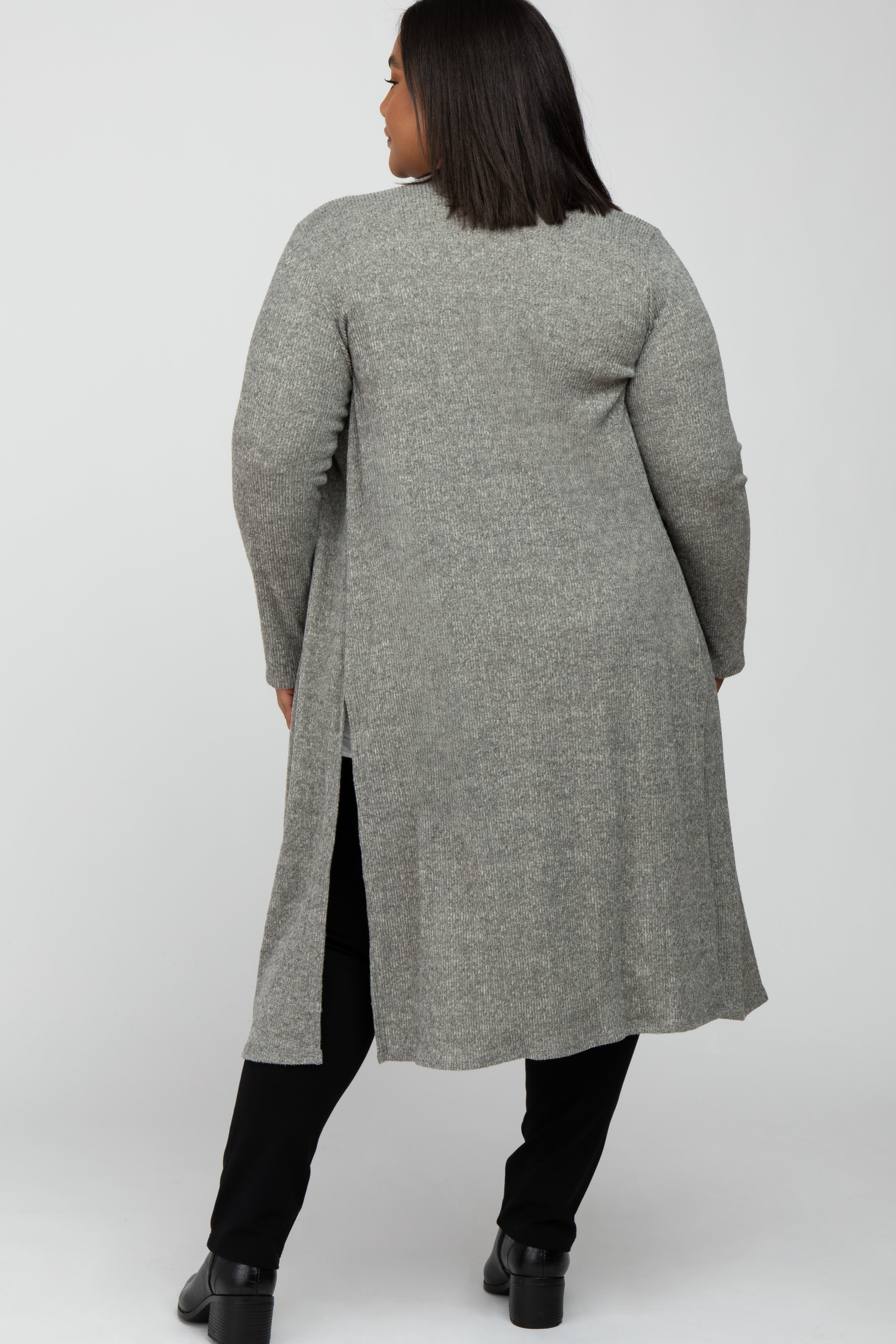 Beige Heathered Ribbed Long Cardigan for Women - Maternity Open Front Sweater with Side Slits | Perfect for Pregnancy, Nursing & Casual Wear