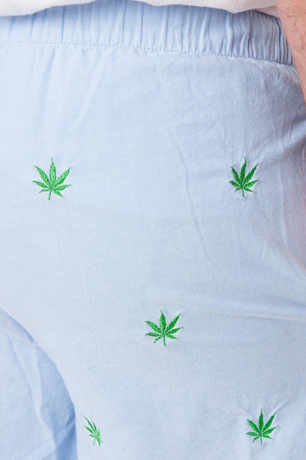 Blue Oxford Sleep Pants with Pot Leaf Design - Comfortable Lounge Pajama Bottoms for Relaxing at Home