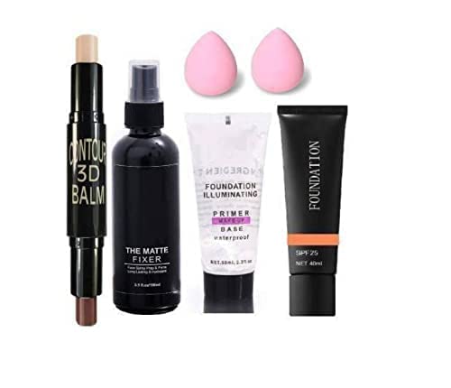 BELLAS Women's & Girl's 3D Contour Stick, Matte Fixer & Illuminating Waterproof Makeup Primer Set (150ml) with 2 Pink Beauty Blenders - 6-Piece Kit for Flawless Face Contouring & All-Day Wear
