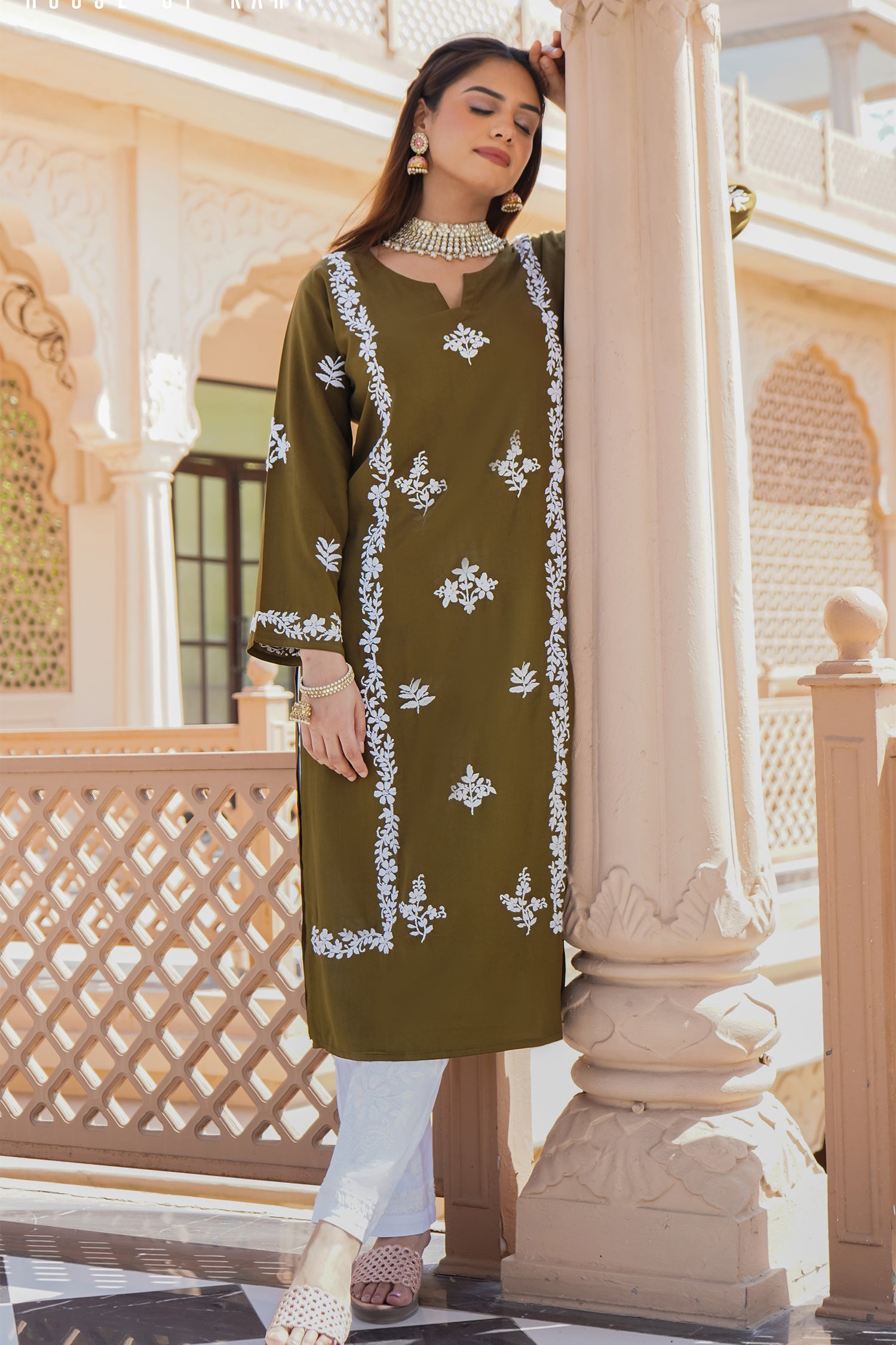 Rayon Chikankari Straight Kurta in Olive Brown | Traditional Indian Embroidered Tunic | Perfect for Festivals, Weddings & Casual Wear
