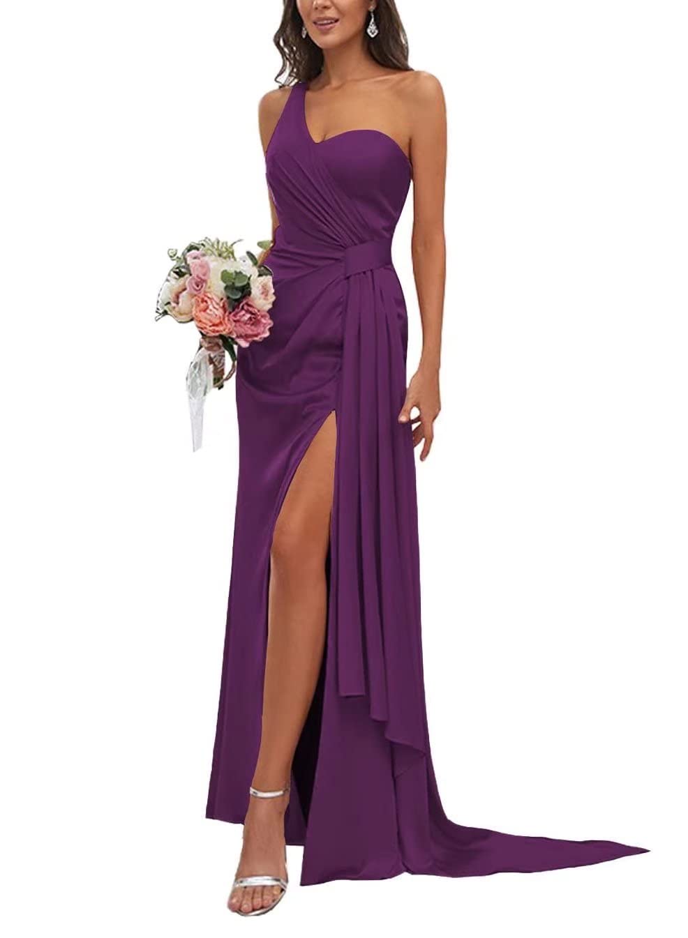 Elegant Purple One Shoulder Bandeau Waist Pleated Long Fishtail Bridesmaid Dress for Women – Perfect for Weddings, Proms, and Formal Evening Events
