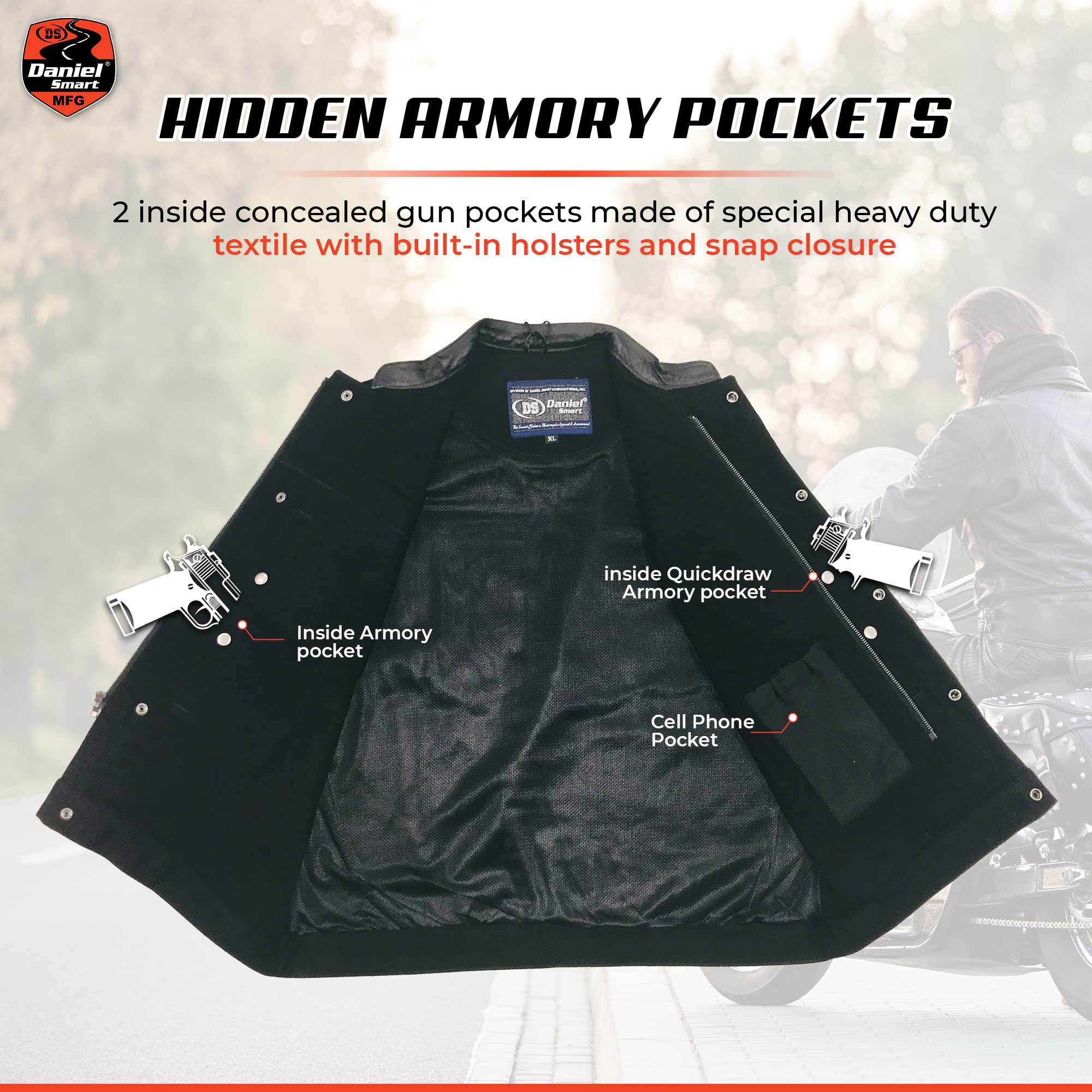 Daniel Smart Men's Black Denim Leather Trim Motorcycle Vest with Conceal Carry Pocket - Stylish Biker Jacket for Riding, Outdoor Adventures & Casual Wear