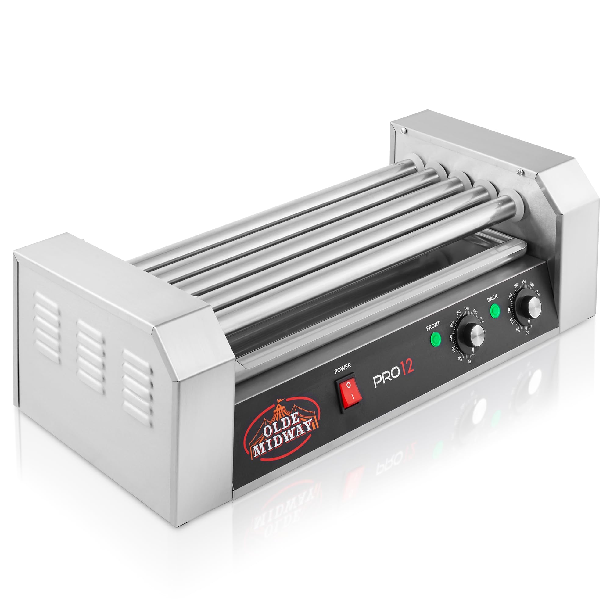 Olde Midway Electric 12 Hot Dog 5 Roller Grill Cooker Machine 700-Watt - Commercial Grade Hot Dog Warmer for Restaurants, Food Trucks & Events - Stainless Steel Hot Dog Roller Grill with Adjustable Temperature