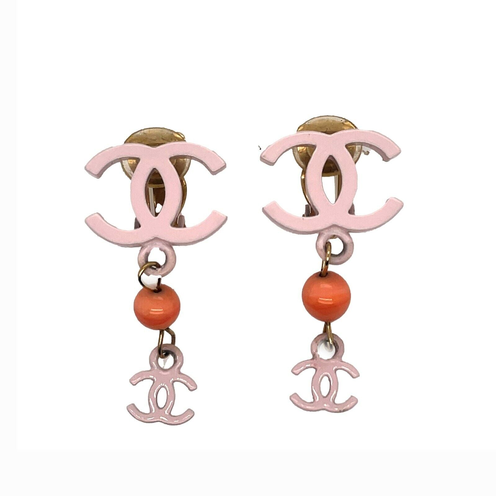 CHANEL Summer 2003 03 S Pale Pink Orange Double CC Dangle Clip-On Earrings - Vintage Luxury Fashion Jewelry for Parties, Weddings & Special Occasions